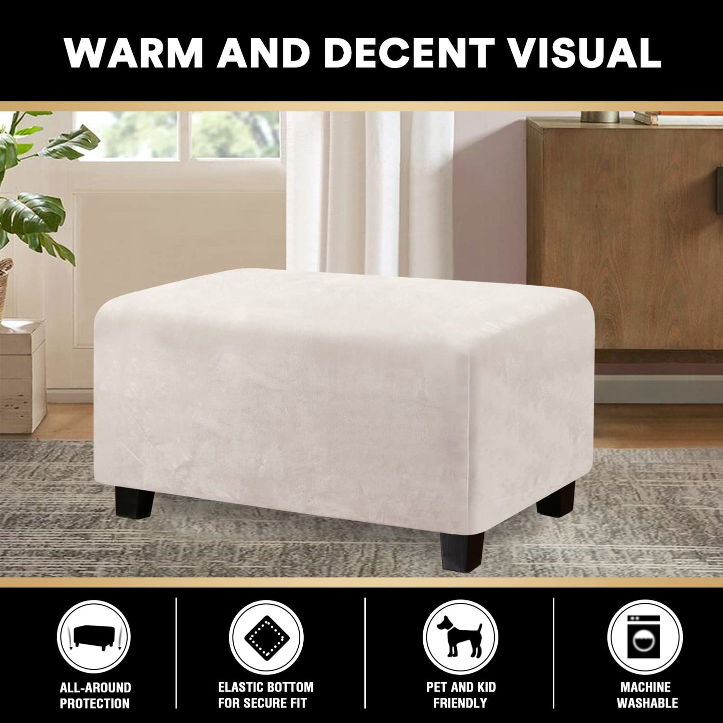 PrinceDeco Real Velvet Plush Ottoman Cover Soft Rectangle Folding Storage Covers Furniture Protector Removable Footstool Protect Footrest Covers Elastic Bottom(Large, Ivory)