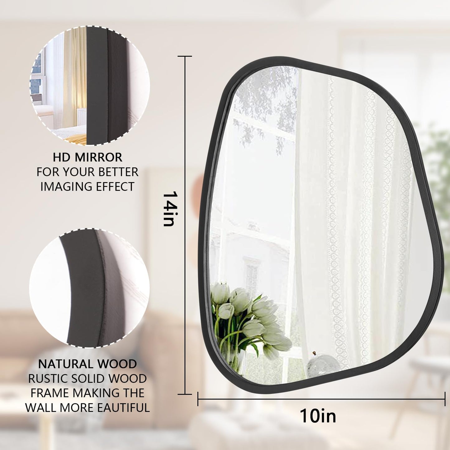 HLFMVWE Irregular Wooden Framed Wall Mirror Modern Asymmetrical Unique Hanging Mirror Artistic Boho Mirror Decor Bathroom Vanity Bedroom Living Room Entryway Hallway 14'' x 10''