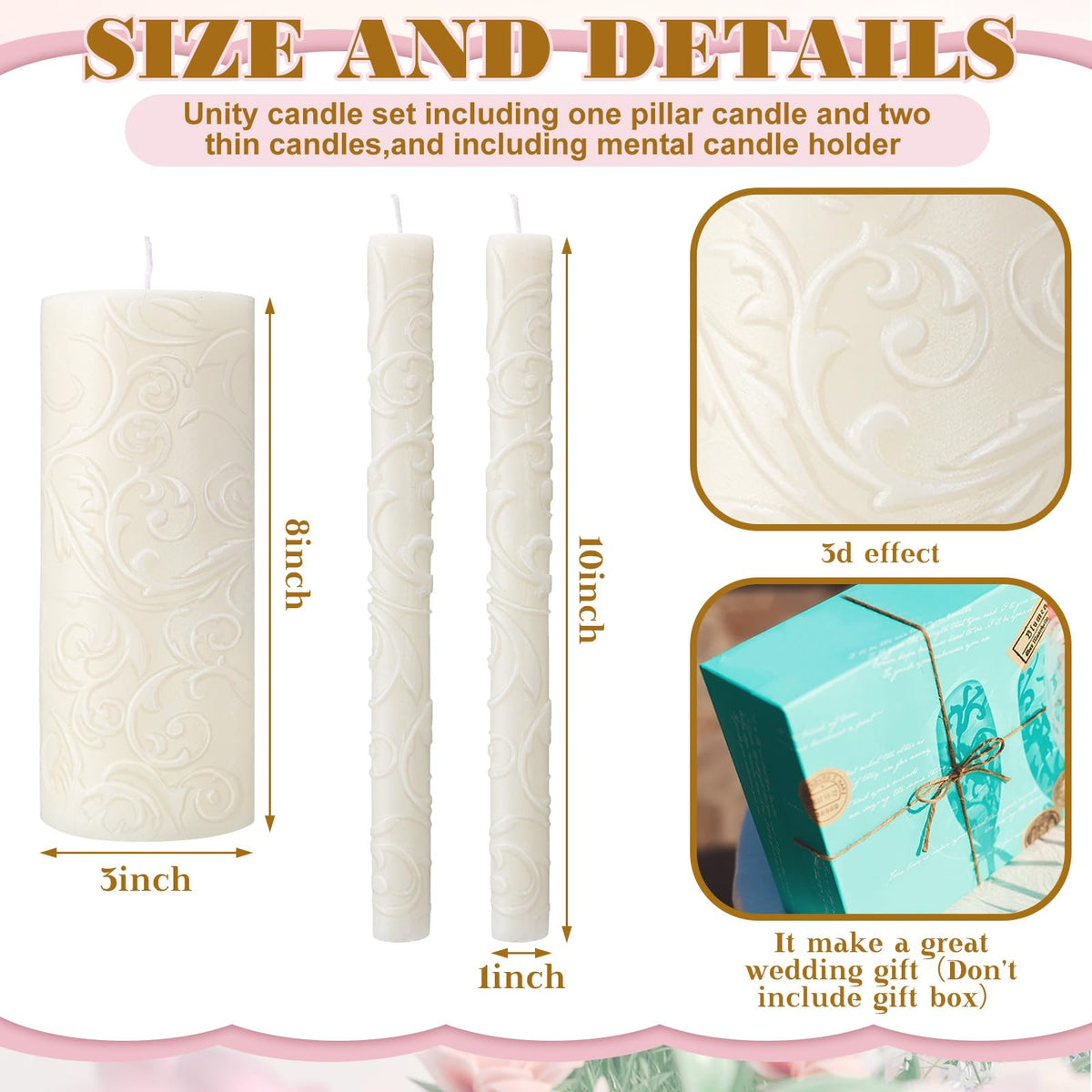 Irenare Unity Candles with Holder for Wedding Ceremony Wedding Decortions Accessories Glass Candle Holder Pillar Candle for Formal Events Church (Delicate)