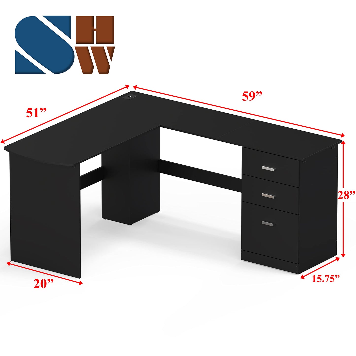 SHW 51 x 59 Inches L-Shaped Home Office Wood Corner Desk with Box Box File Drawers, Black