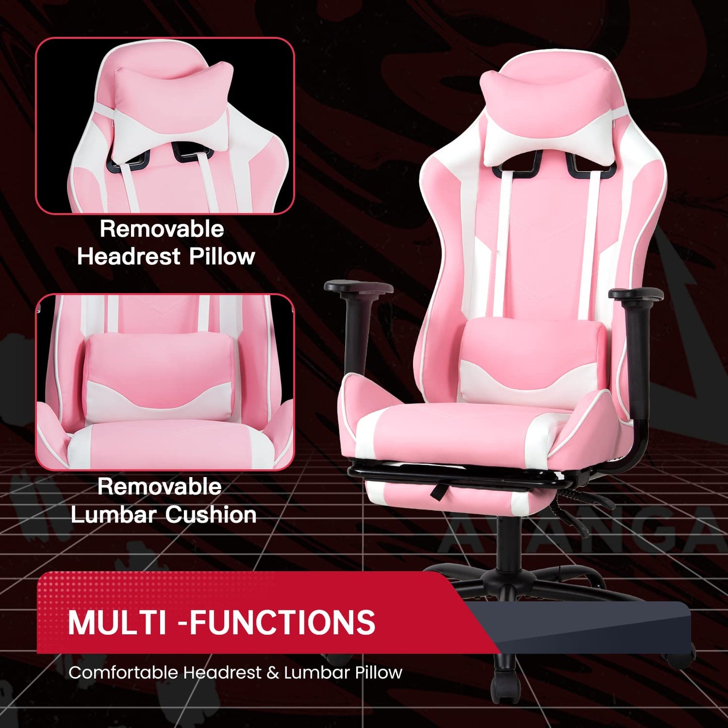 BestOffice | Ergonomic Gaming Chair | Pink | Reclining Computer Chair with Lumbar Support, Headrest Pillow, Adjustable Footrests | 360 Swivel with Heavy Duty Wheels | for Home & Office