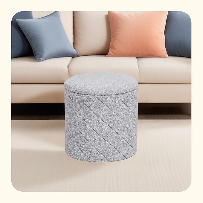 PINPLUS Ottoman with Stroage Round Boucle Ottoman and Tray Sherpa Removable