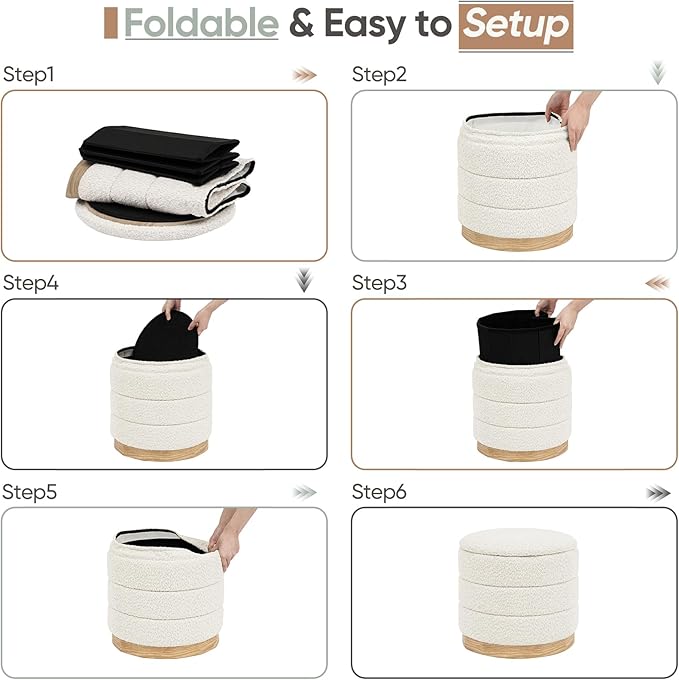 Round Storage Ottoman with Reversible Tray Lid, Folding Chenille Fabric