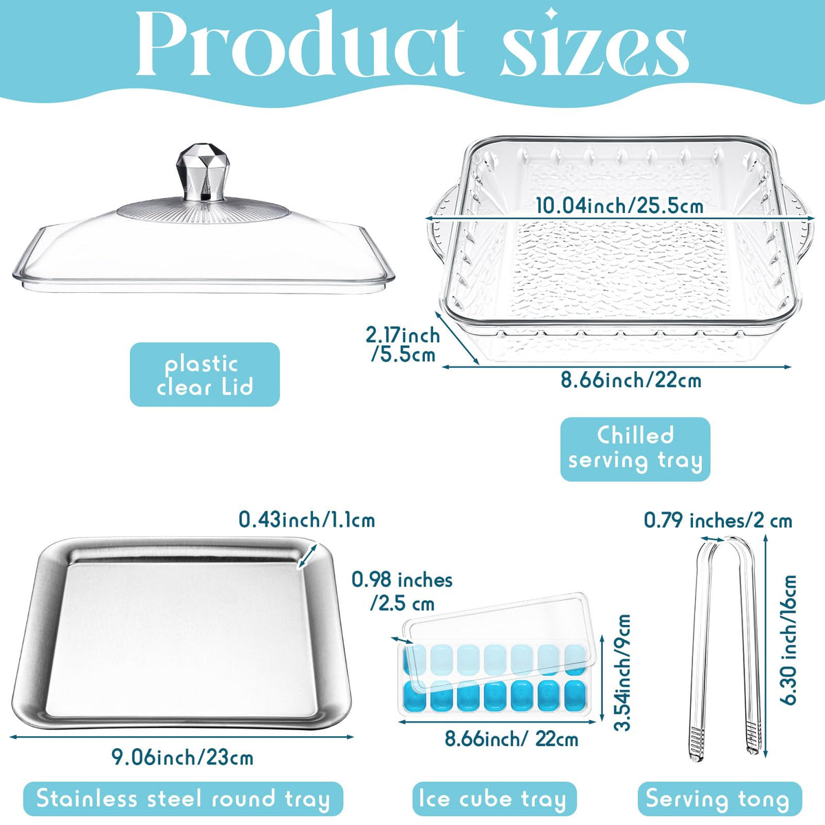 Baderke 1 Set 9" Chilled Serving Tray for Parties with Compartments Ice Chilled Party Platter with Lid Tableware Charcuterie Serving Board for Fresh Food Fruit Seafood Vegetable Appetizer(Silver)