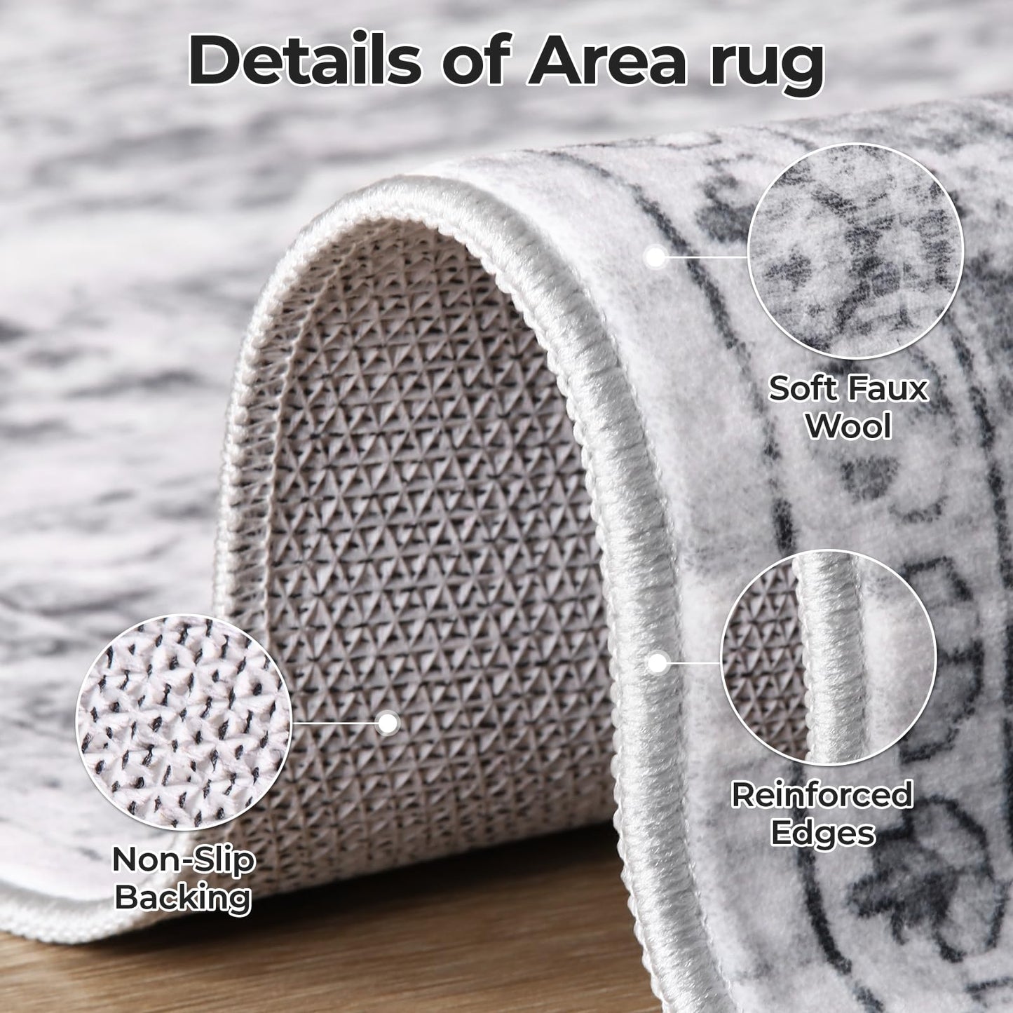 Suconsun 8' x 10' Area Rug, Washable Non-Slip Vintage Low-Pile Faux Wool Carpet, Soft Pet Friendly Farmhouse Rug for Living Room Bedroom Dining Room, Grey