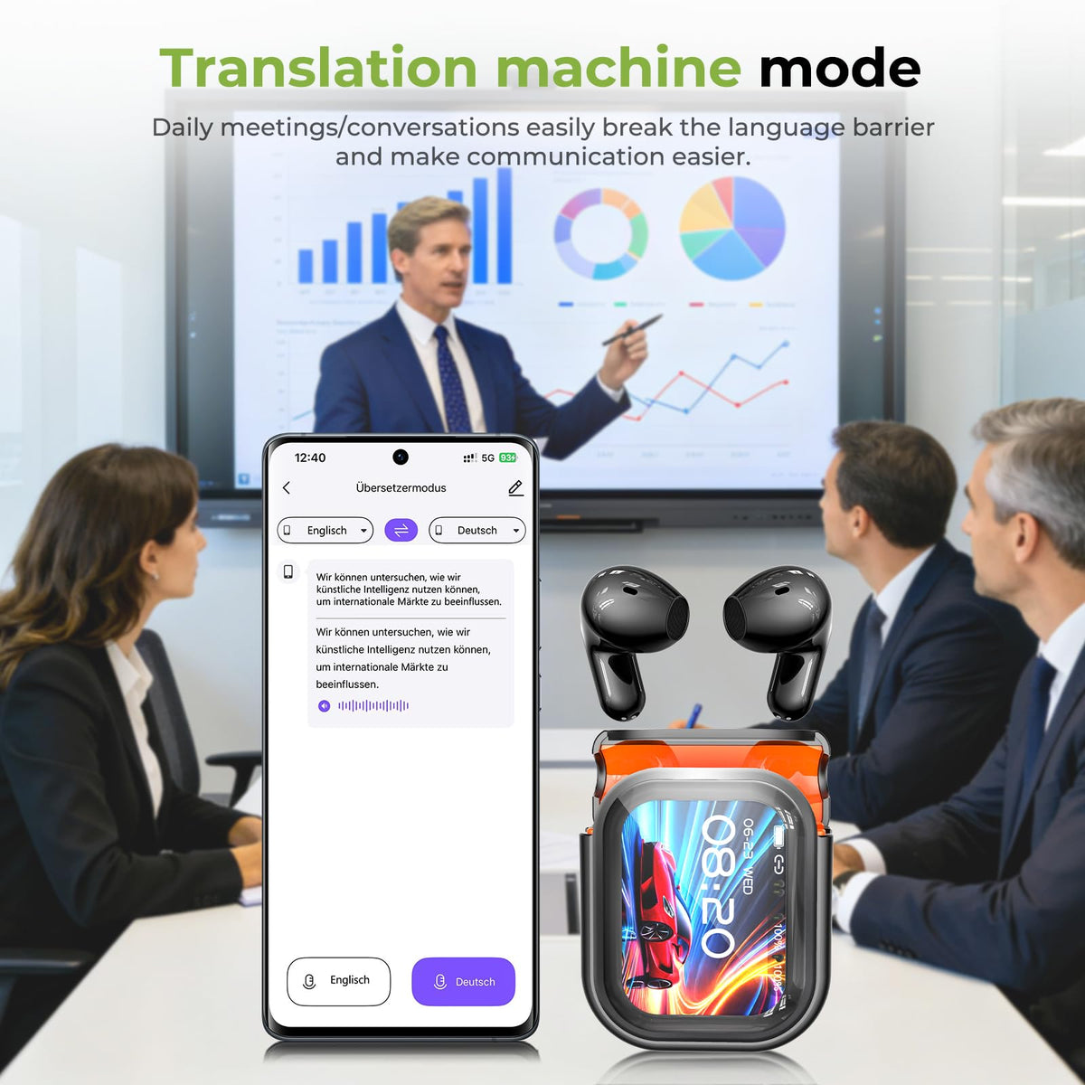 NE20 Earbuds, 2025 New NE20 AI Translation Earbuds in Real Time, Language Translator Headphones with LCD Touch Screen Audifonos Traductores Inglés Español Support 140 Languages for Travel White