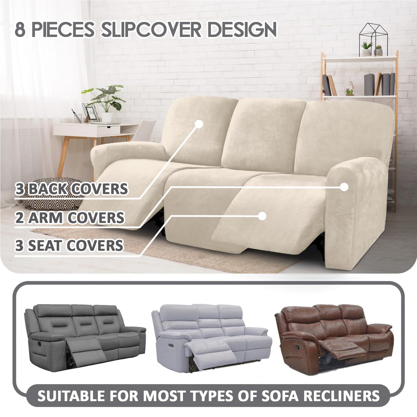 ULTICOR Velvet 8-Pieces Recliner Sofa Covers Stretch Reclining Couch Covers for 3 Cushion Reclining Sofa Slipcovers Furniture Covers Thick Soft Washable (3 Seater Recliner Cover, White)