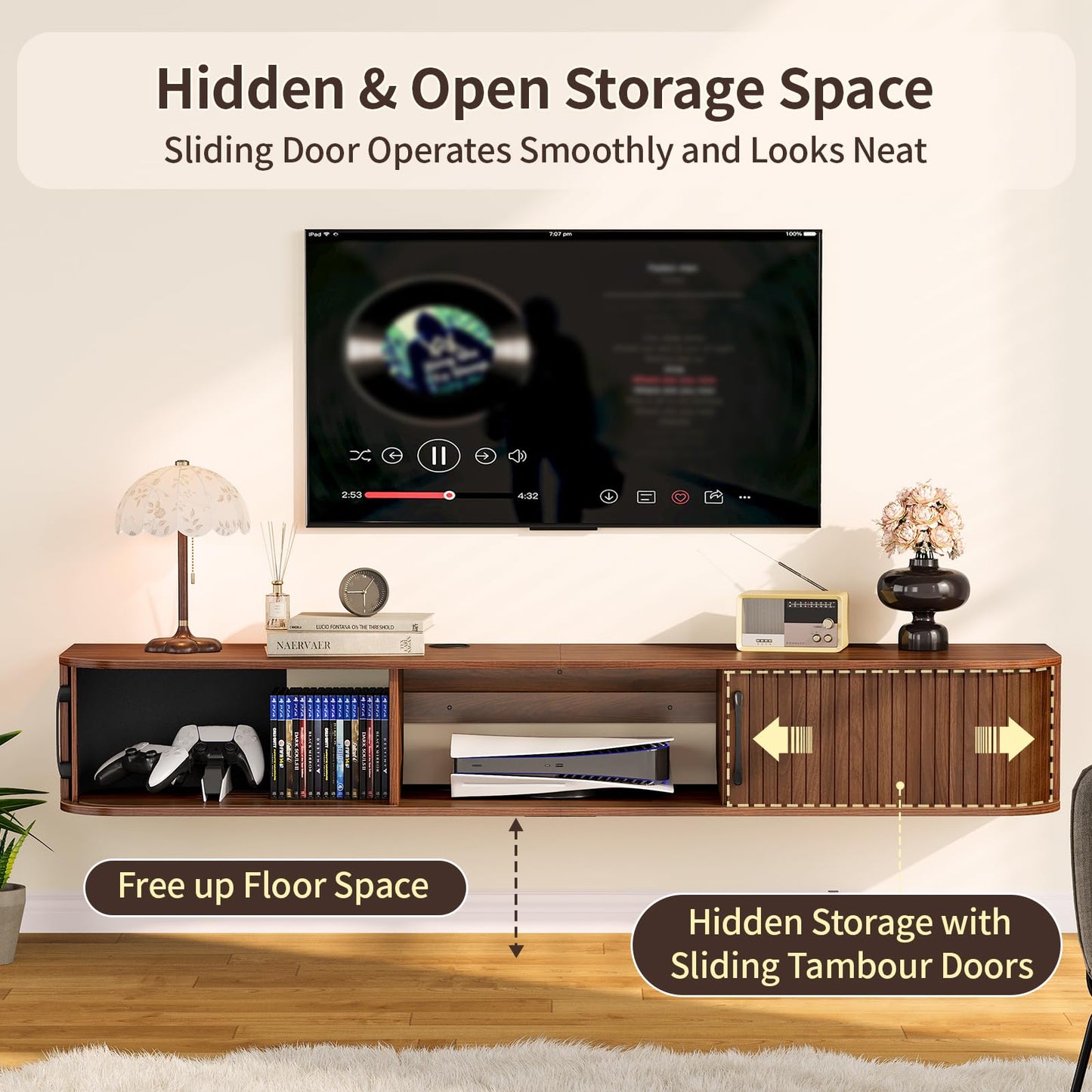 Snughome 55" Floating TV Stand for TVs up to 65", Fluted Floating Entertainment Center with Sliding Door, Wall Mounted TV Shelf, Mid-Century Modern TV Console for Living Room, Bedroom