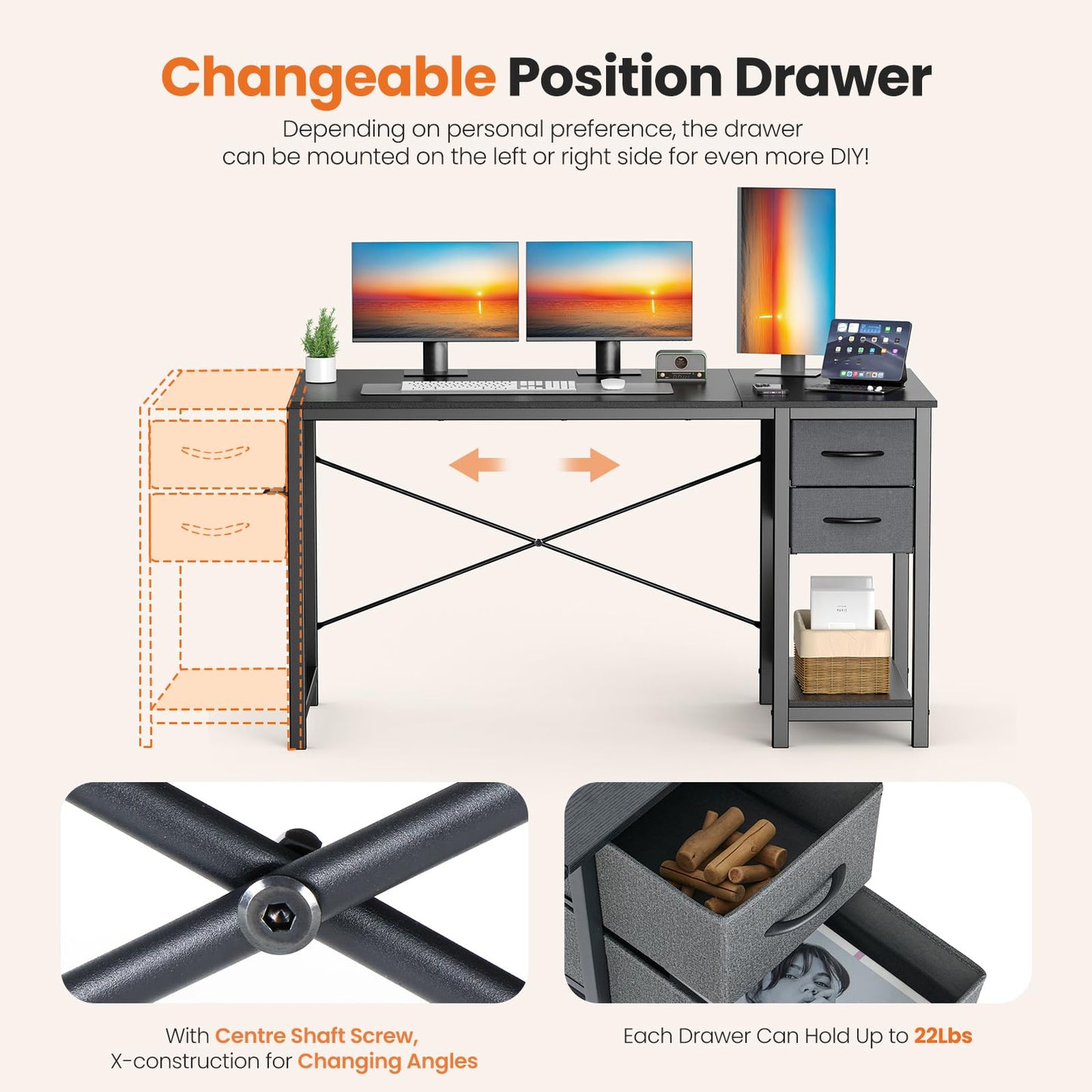 Sweetcrispy 47 Inch Computer Desk with Drawers for Home Office Writing Desk X Shaped Reinforcement Wood Surface Adjustable Position Modern Study Work Side Hook Metal Frame Storage Station Black