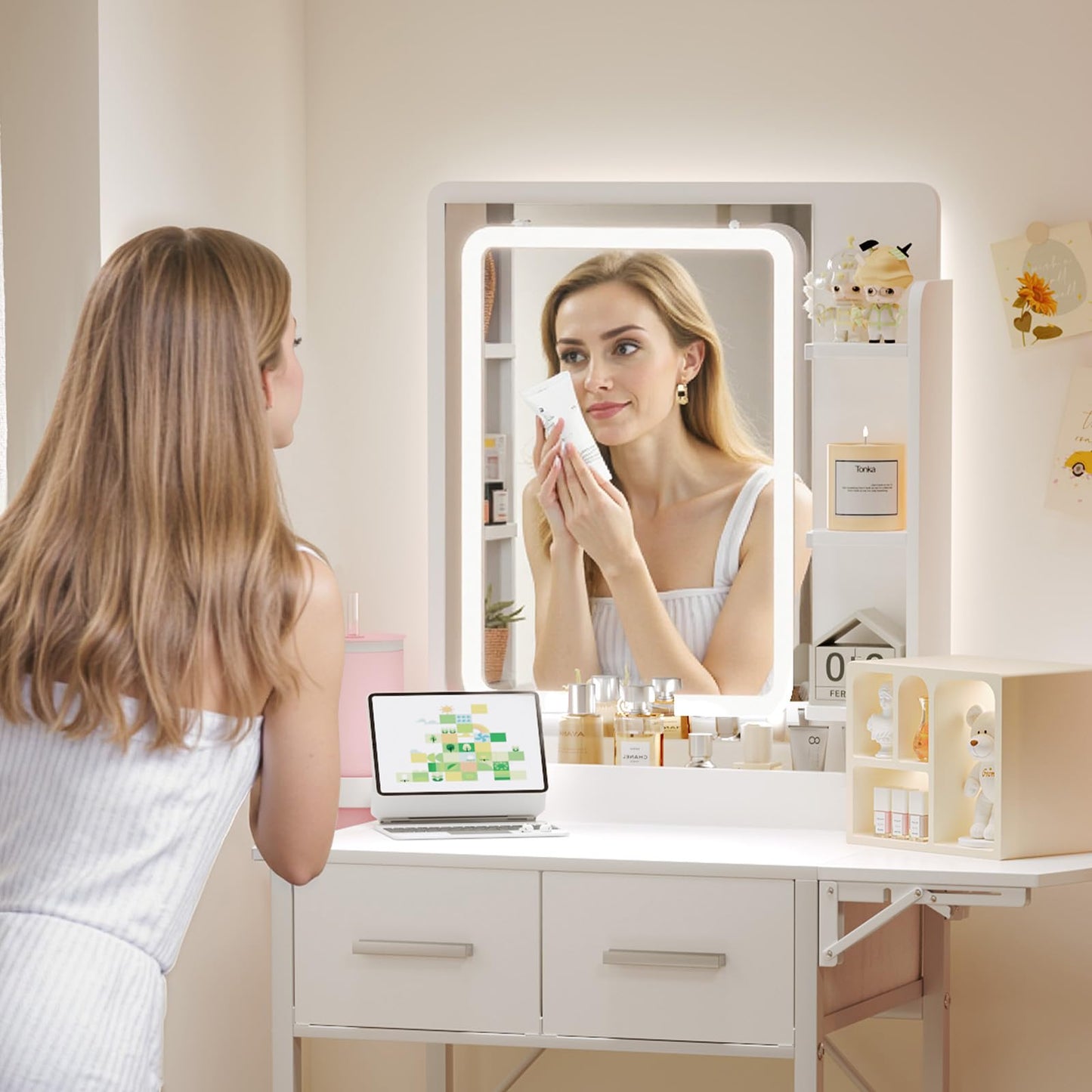 MemoCastle Small Vanity Desk for Compact Space: Mini Makeup Table Set for Bedroom - Tiny White Vanity with Mirror for Girls