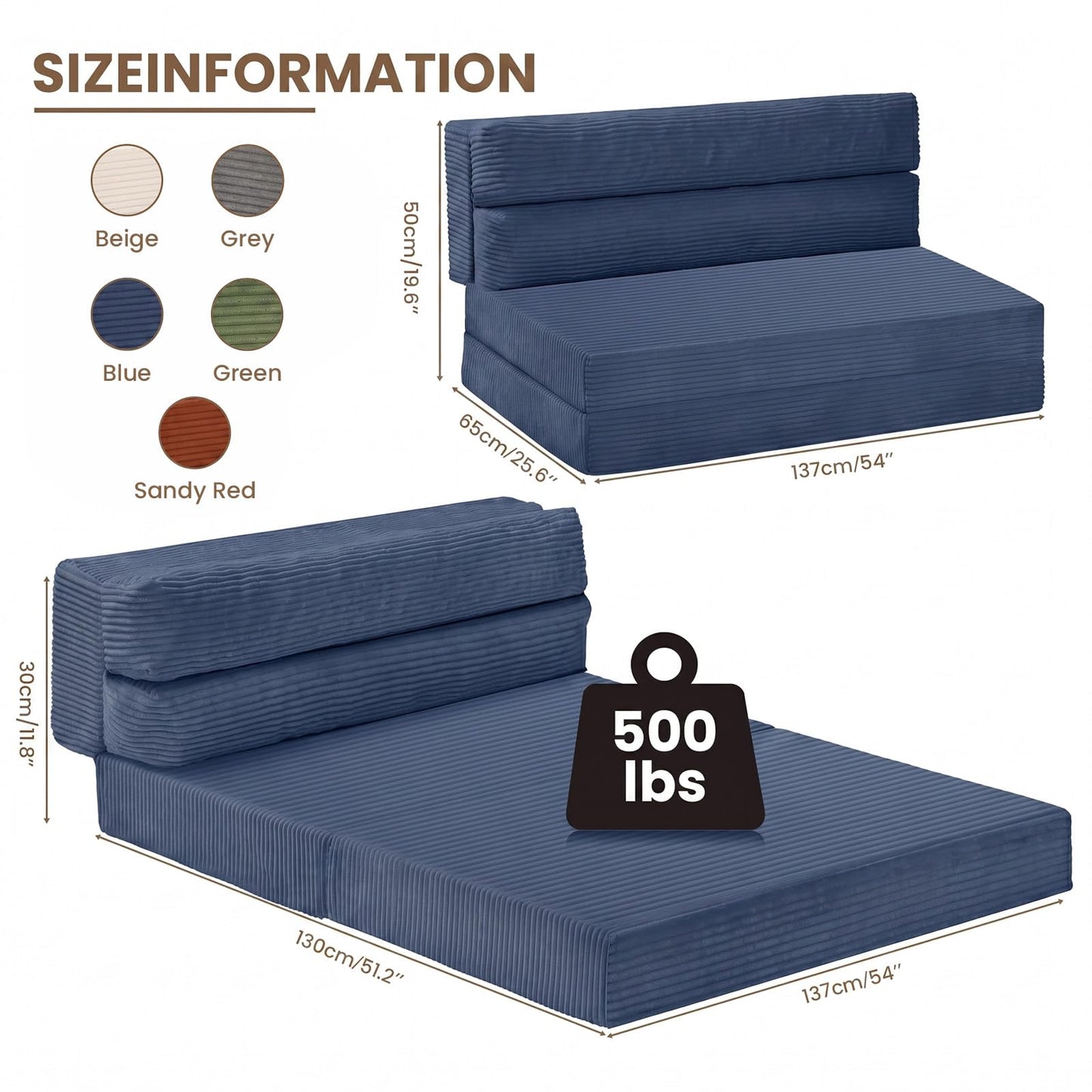 JUIKURY Folding Sofa Bed, Convertible Sleeper Chair with Pilow Foldable Matress, 2 in 1 Pull Out Loveseat Sofa Portable Fold Out Chair Bed Floor Couch Lounge for Living Room (Blue, Full)