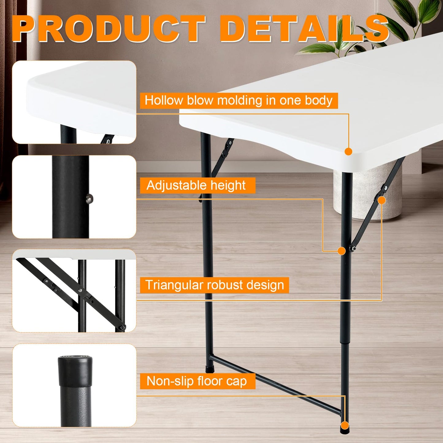 FROASISPRO 4ft Folding Table, Portable Fold-in-Half Adjustable Height Utility Table for Indoor/Outdoor Use, Durable HDPE & Steel, Stable & Lightweight, Multi-Purpose, White