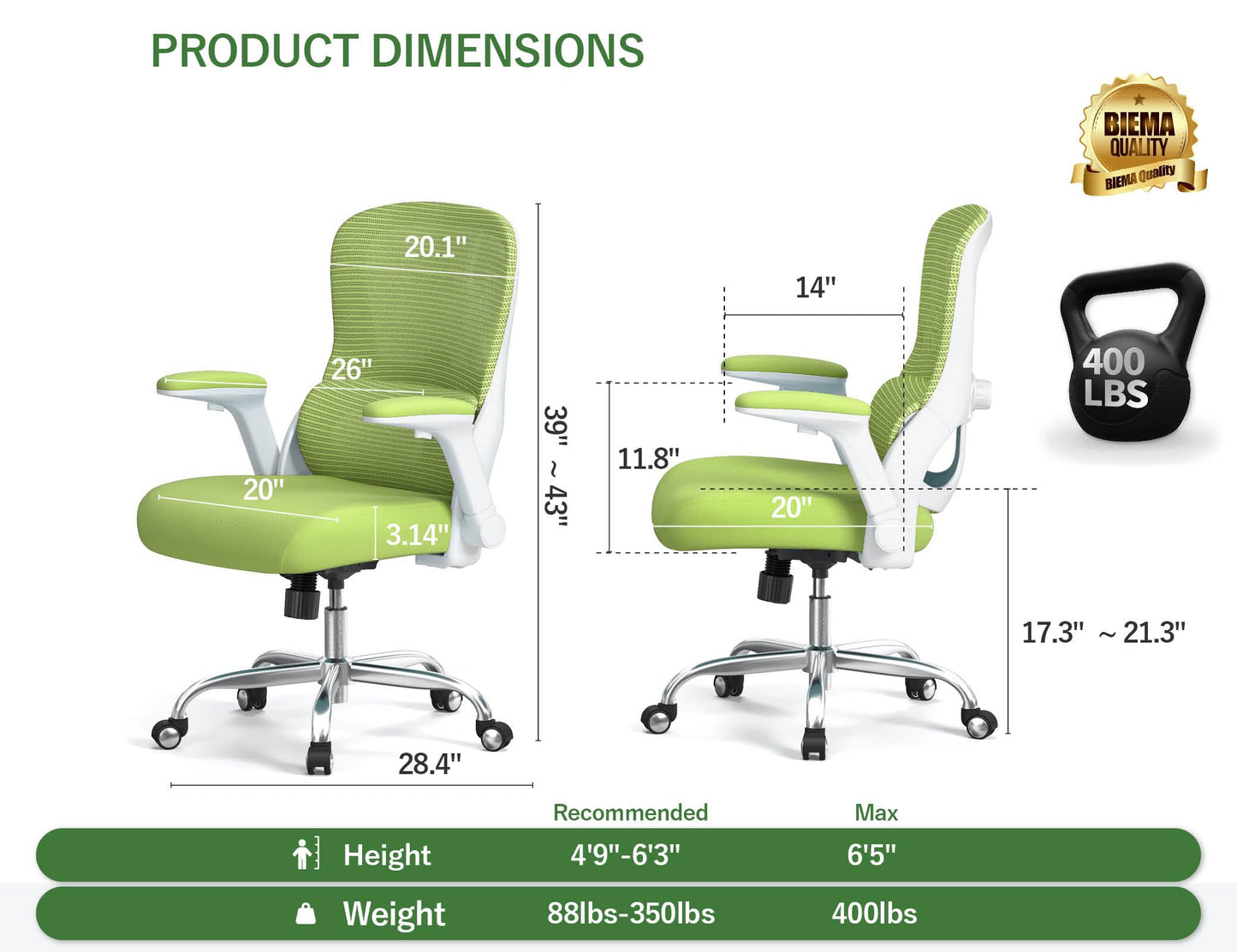 Office Chair Ergonomic Desk Chair Comfy: 400LBS Mesh Computer Chair Ergonomic Gaming Chairs with Wheels Adjustable Lumbar Support and Flip up Armrest-Swivel Executive Chairs Long Hours(Green)