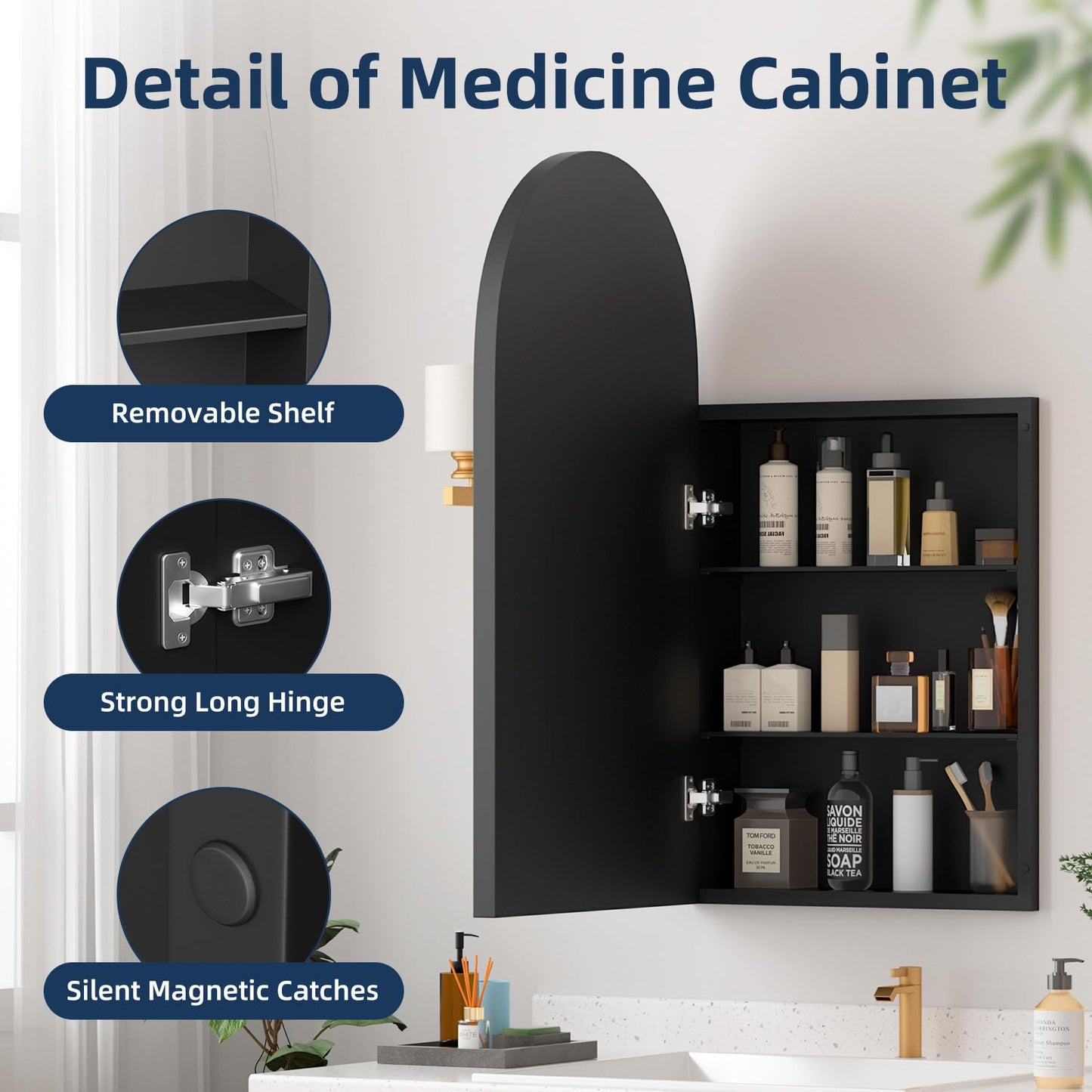 YTSMIR Medicine Cabinets for Bathroom, Black Arched Medicine Cabinet Recessed or Surface Wall-Mounted,Modern Bathroom Vanity Mirror with Storage, Mirrored Cabinet with Adjustable Shelves,16x31 Inch