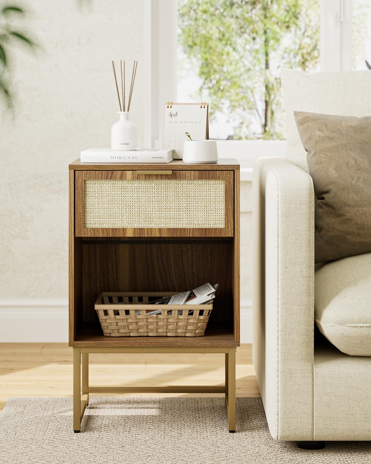 Masupu Rattan Nightstand,Modern Night Stand Boho Farmhouse Wood Bedside Table with Storage Drawer Side End Table for Bedroom, Office,Walnut Brown