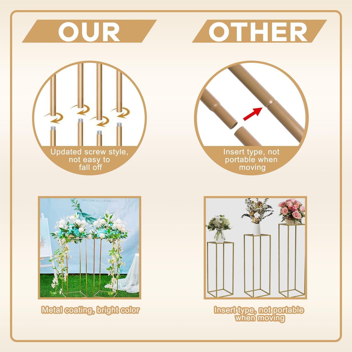 Kapaga 3pcs Gold Metal Plant Stand, Cylinder Pedestal Stands for Parties, Metal Plant Columns Pedestal Stands for Display, Square Cylinder Columns tables for Weddings Cake Stand Floor Plant Tables