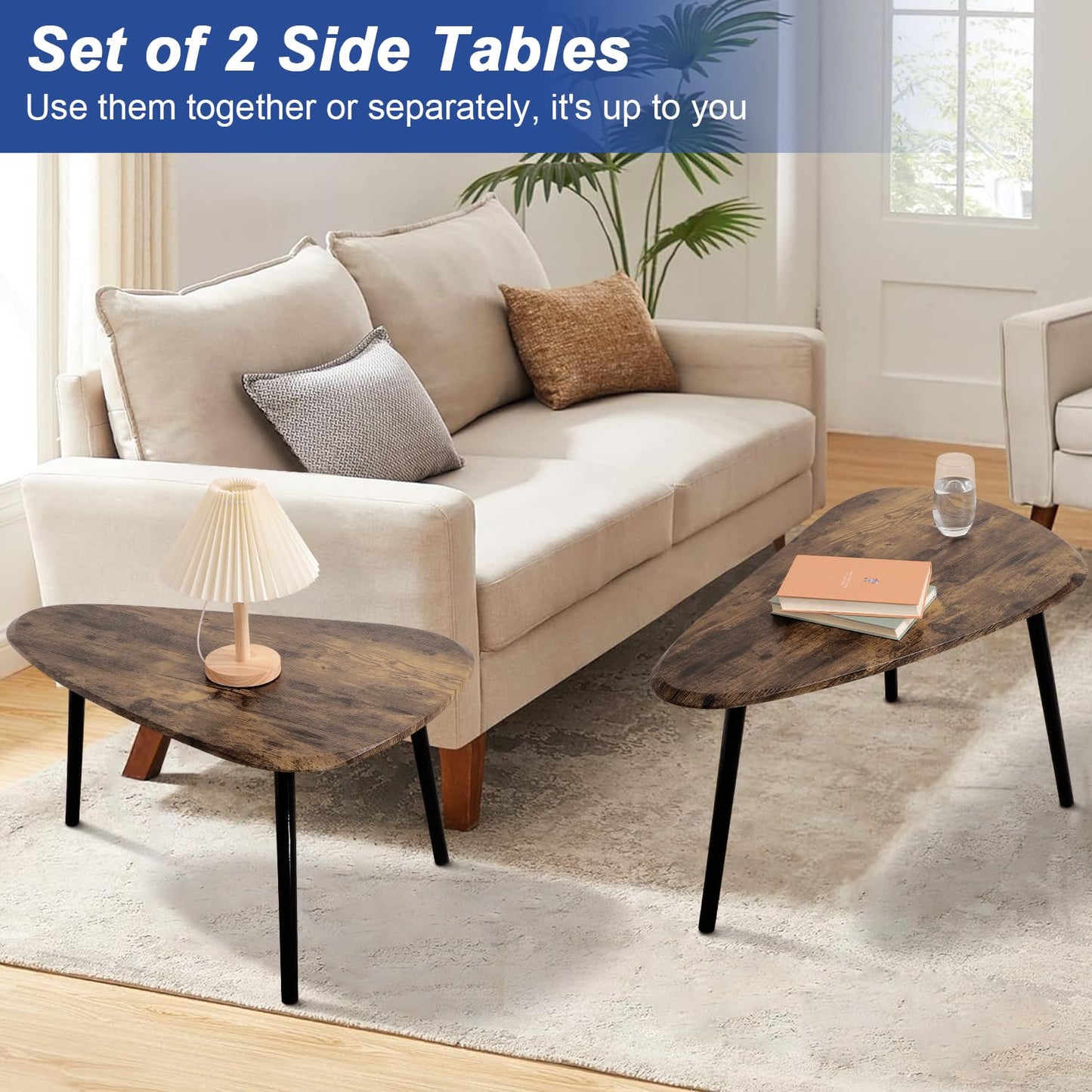 WDSHIYI Nesting Coffee Tables, Nested Table with Wooden Legs Set of 2 - Triangle Side Table for Living Room, Bedroom, Minimalist Bamboo, Apartment & Small Spaces, Tiger