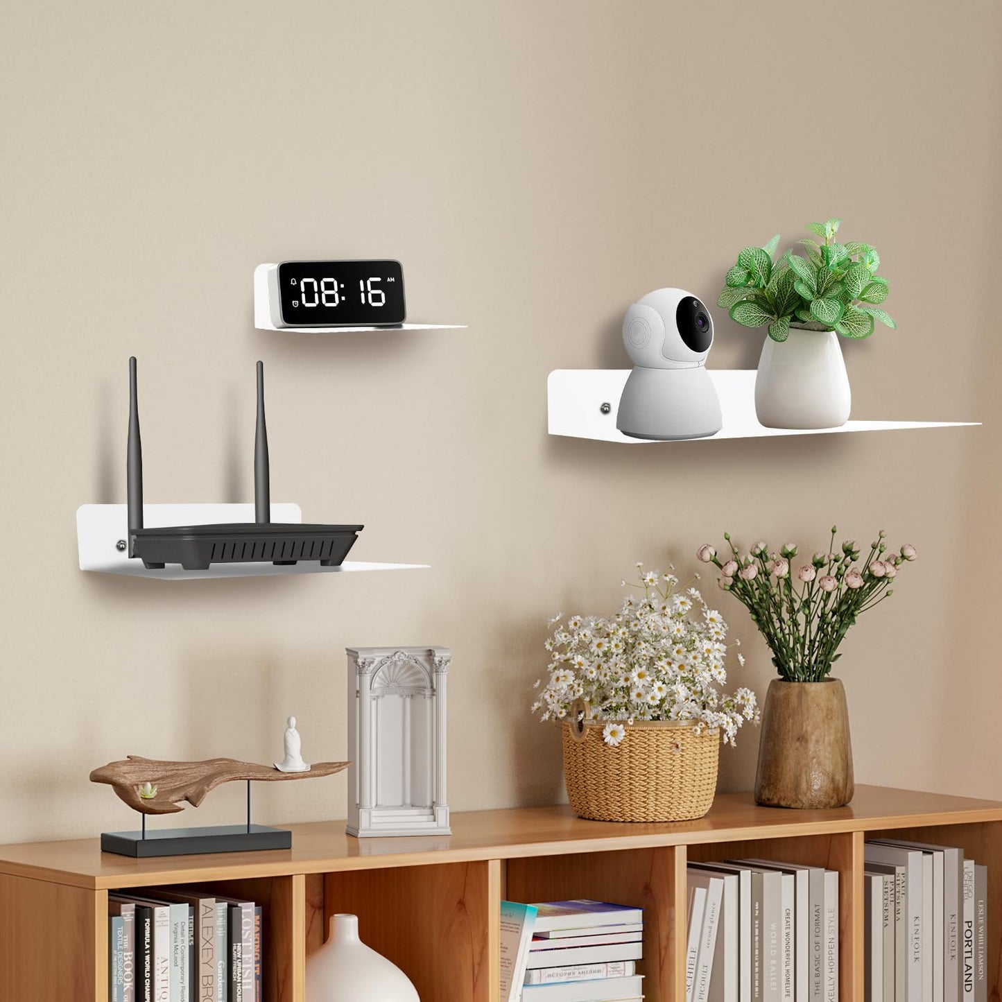 MZDMY Steel Floating Shelves for Wall,Small Wall Shelf，Suitable for Bedroom, Living Room, Bathroom, Kitchen, Office (White, 2Pack 9.06x6.89 in)