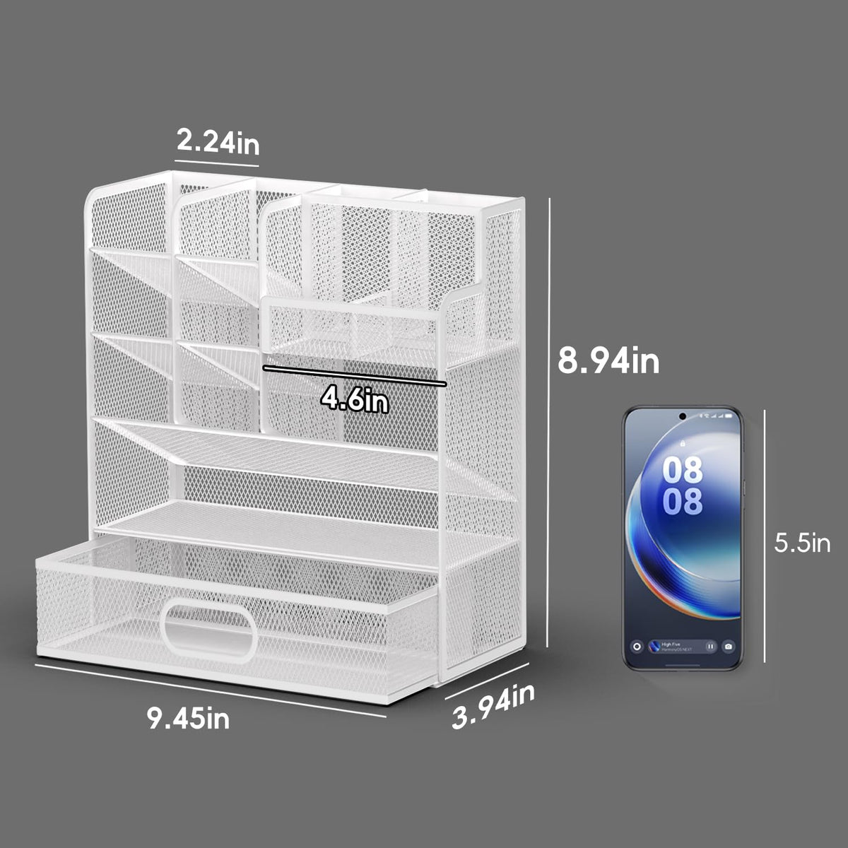 ReePlan Mesh Pen Organizer for Desk, Multi-Functional Pencil Holder with Drawer Desk Organizers, Large Capacity Storage for School Office Home Supplies (White)