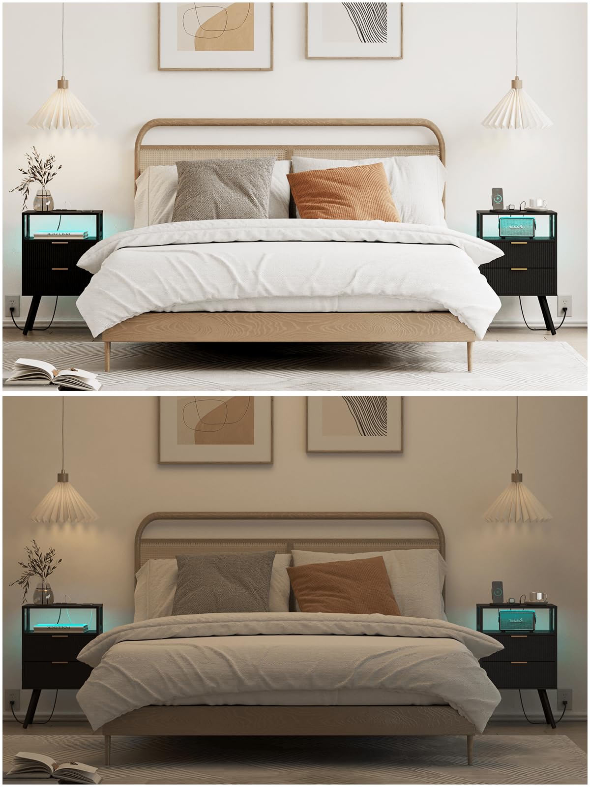 Leomonio Nightstand with Charging Station and LED Lights, Modern Bedside Table with 2 Storage Drawer and Open Wood Shelf for Bedroom and Small Spaces, Night Stand with Solid Wood Legs