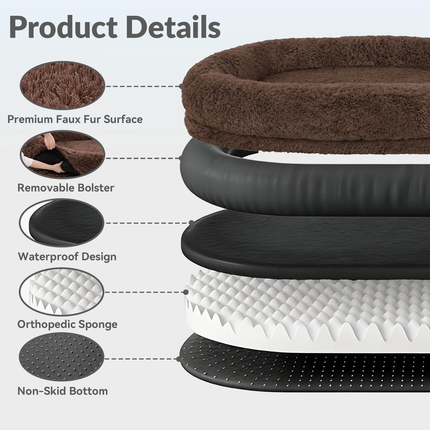 71"x44"x12.5" Human Dog Bed for Adult Faux Fur Washable Human Dog Bed Portable Handle, Egg Orthopedic Foam Human Bed Extra Large Brown