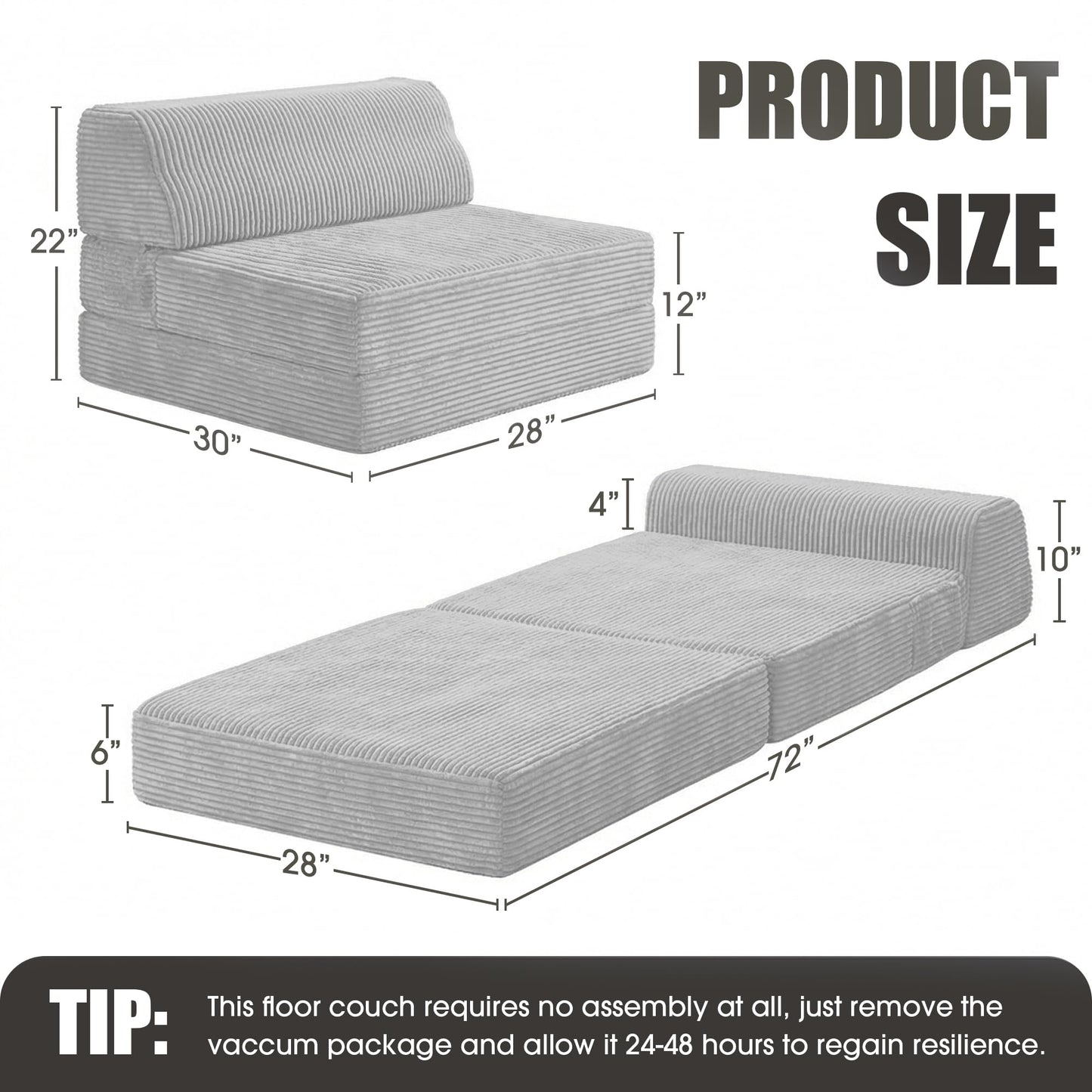 Kasunpul Folding Sofa Bed with Pillow, Memory Foam Fold Out Chair Bed, Convertible Sleeper Chair with Washable Cover, Futon Floor Couch for Living Room/Dorm/Guest Use/Home Office/Apartment, Light Grey
