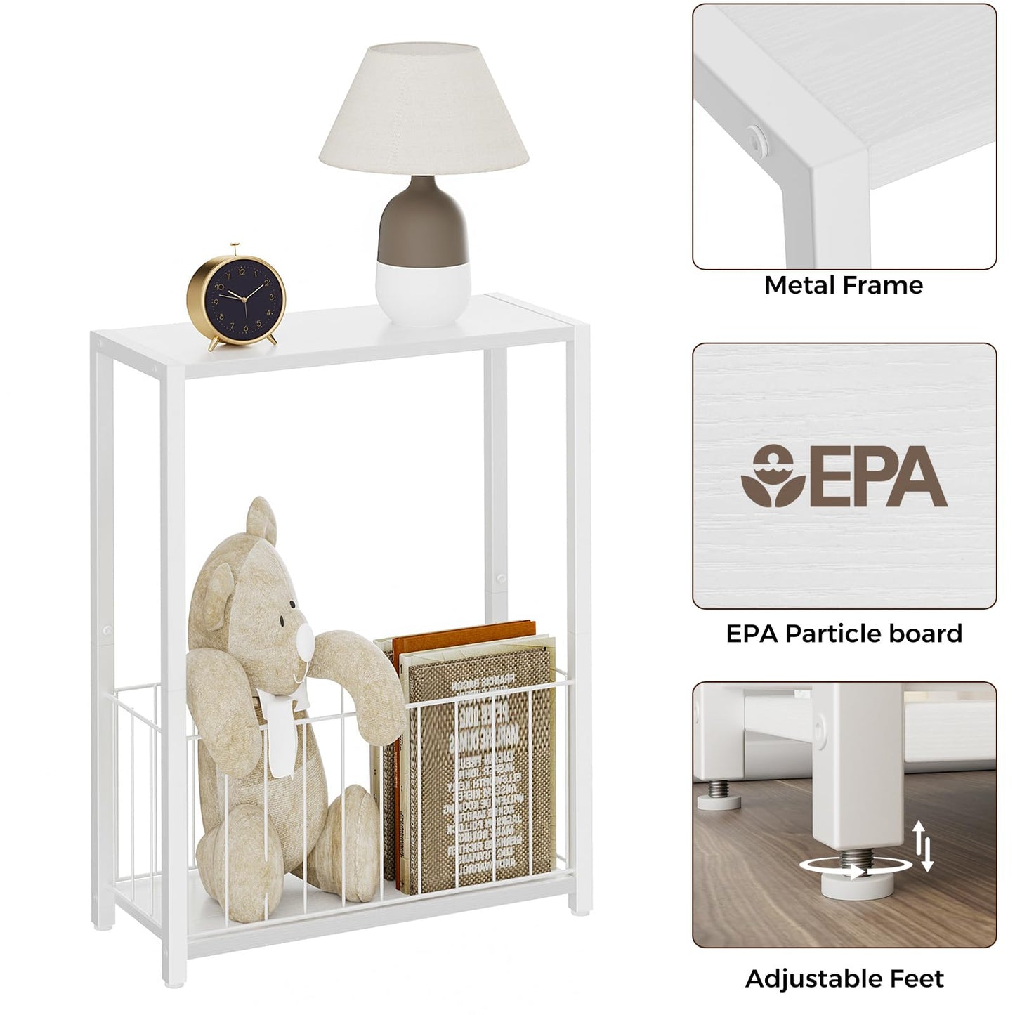 Homleke Narrow Side Table with Magazine Holder, Skinny End Table Perfect for Small Spaces, Space-Saving Design for Living Room, Bedroom, or Office, 7.1" D x 16.9" W x 23.6" H, White