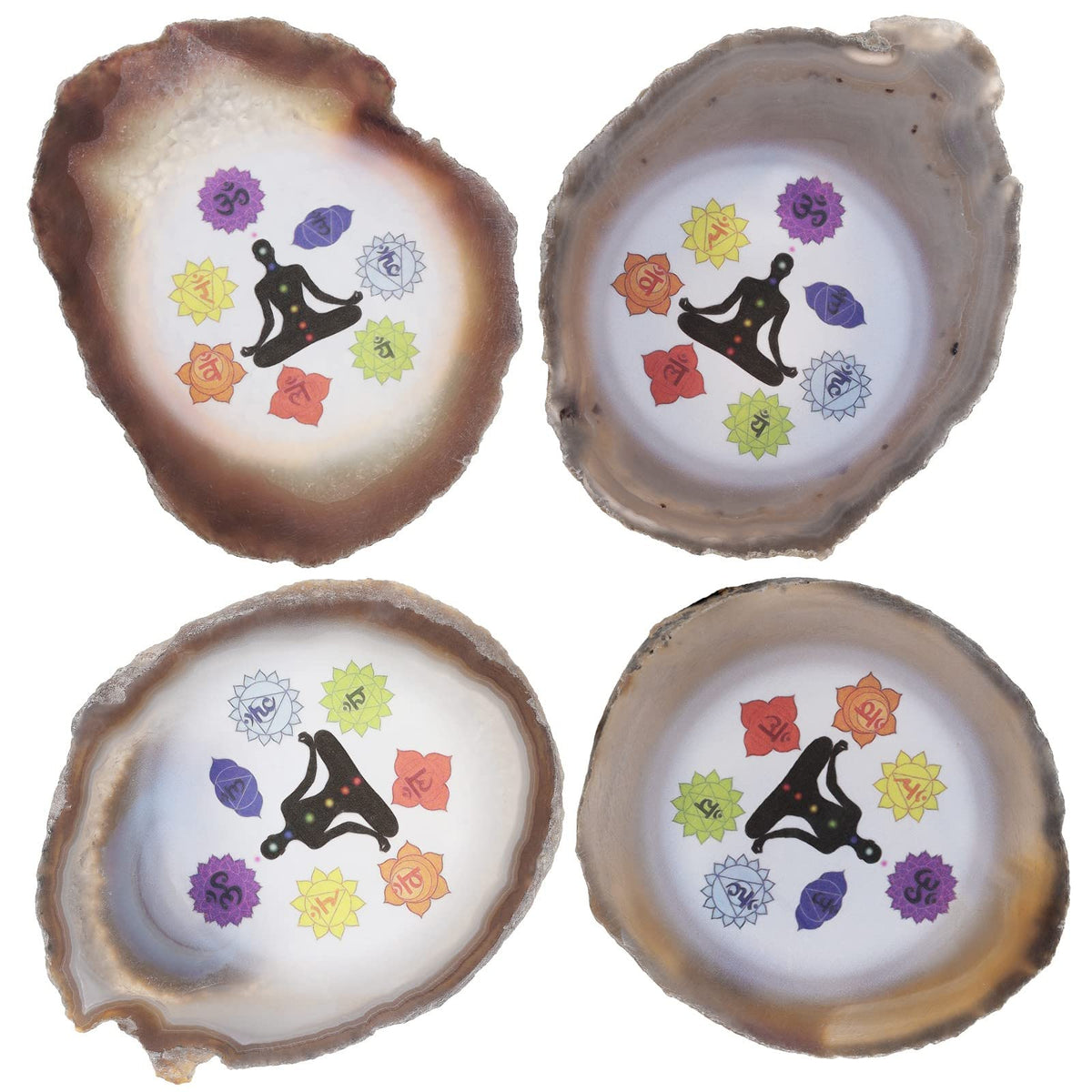 SUNYIK 7 Chakra Pattern Natural Geode Agate Slice Display with Wooden Stand, Irregular Agate Slab Tabletop Desktop for Office Home Decor, White-7 Chakra