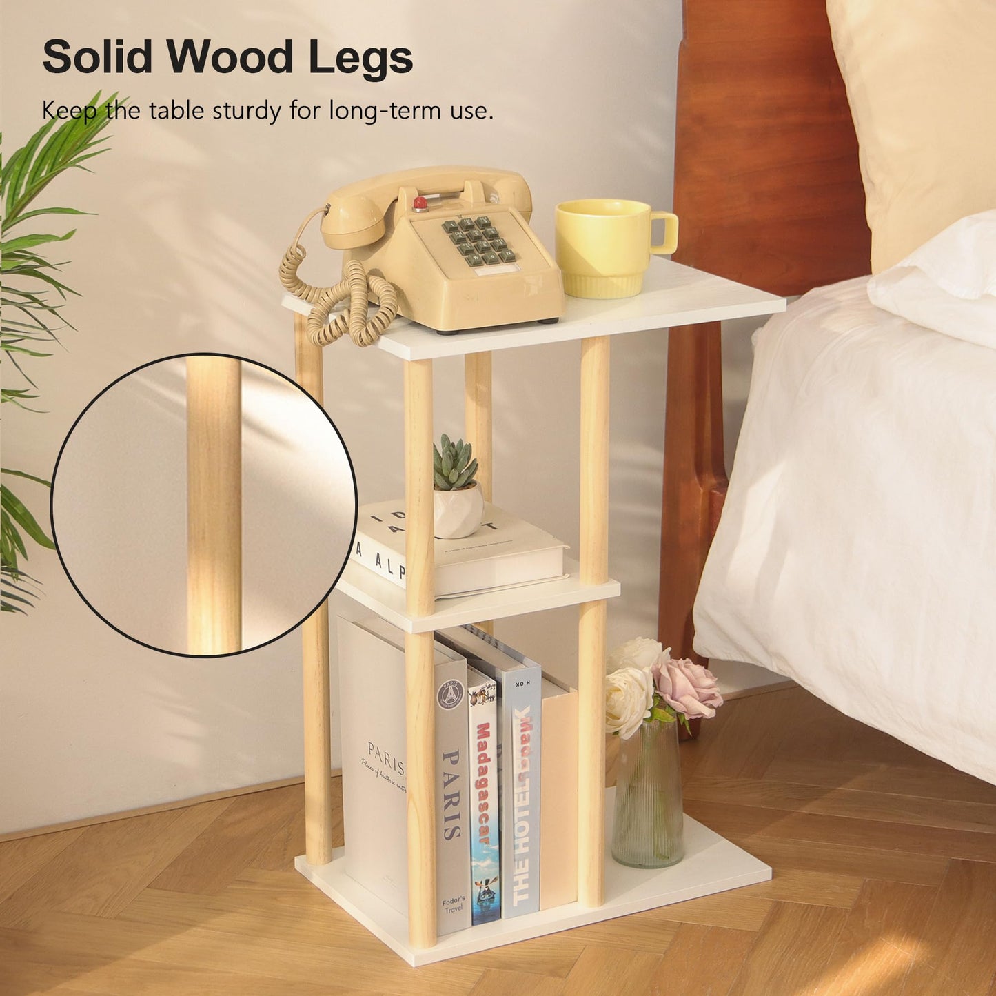 AWASEN C Shaped End Table, Small Side Table for Couch, 3-Tier Wood Sofa Table Coffee Table for Living Room, Small Space, Bedroom, Home Office, Easy Assembly, Natural and White