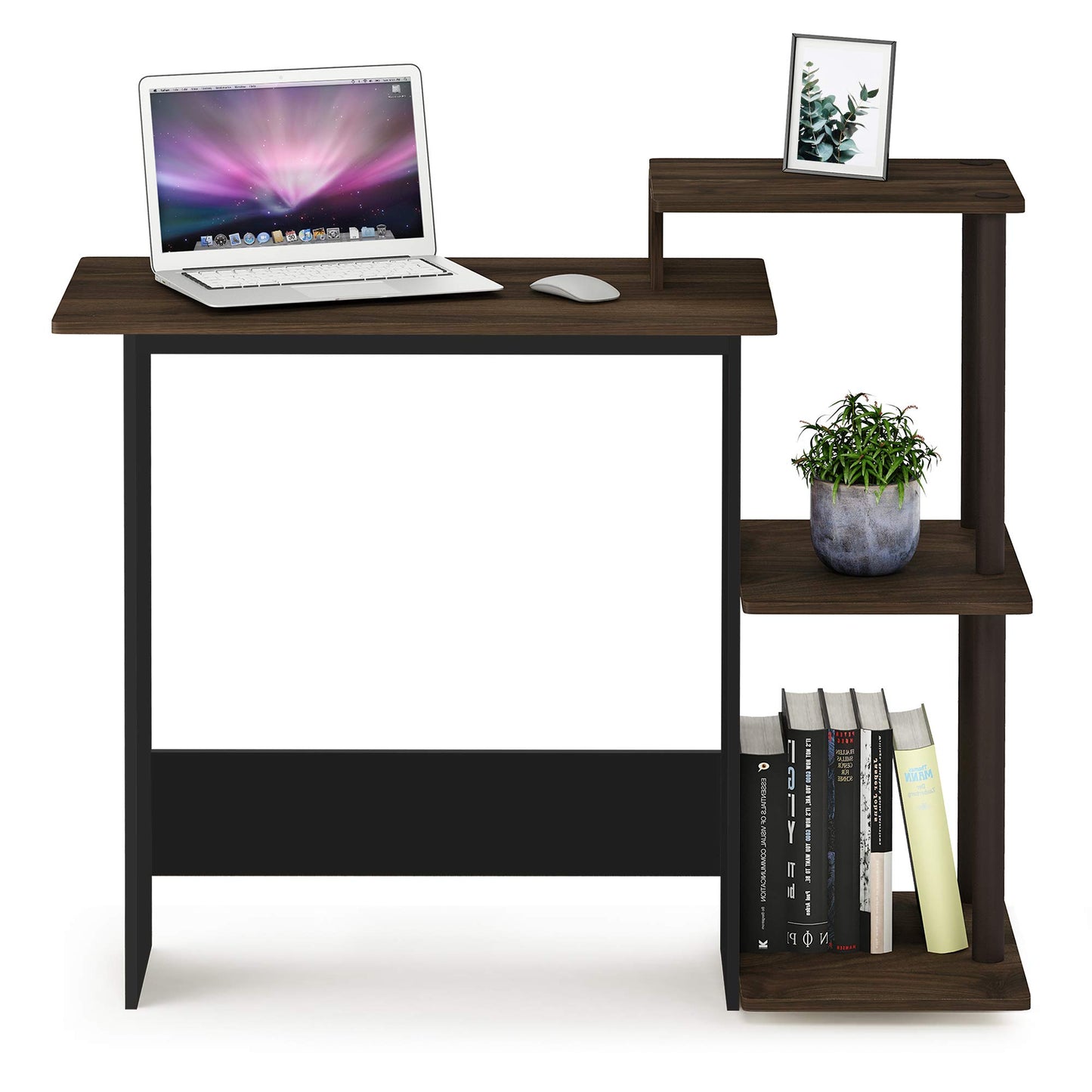 Furinno Efficient 29-Inch Brown Computer Desk, Office Desk with 3 Side Shelves, Rectangular Home Office Desk, Gaming Desk for Home Office, Bedroom, Study Room, Brown Walnut