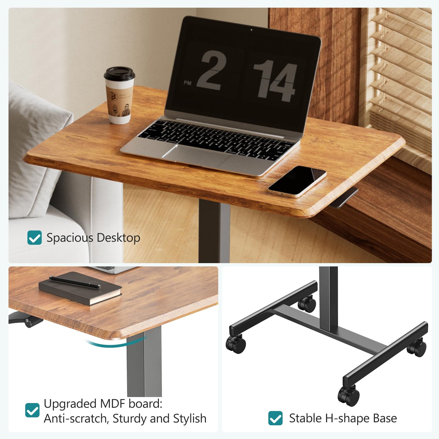 OLIXIS Small Standing Desk with Locking Wheels, Mobile Portable Rolling Laptop PC Table, Adjustable Height Computer Workstation for Home Office, 19 Inch, Brown