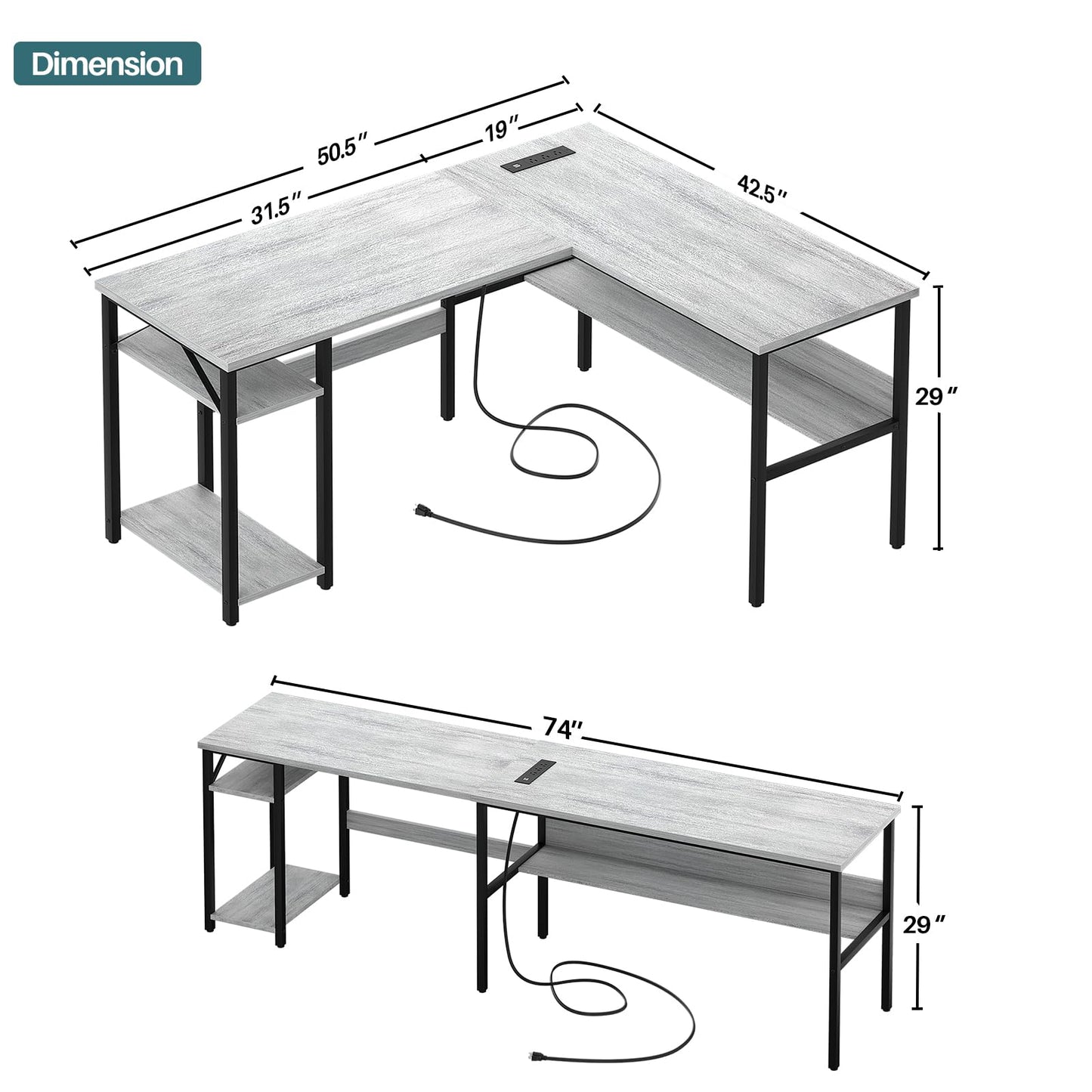 Unikito L Shaped Computer Desk with Magic Power Outlets and USB Charging Ports, Sturdy Reversible Corner Desk with Storage Shelves, Modern Work Desk for Home Office, Easy to Assemble, White Oak