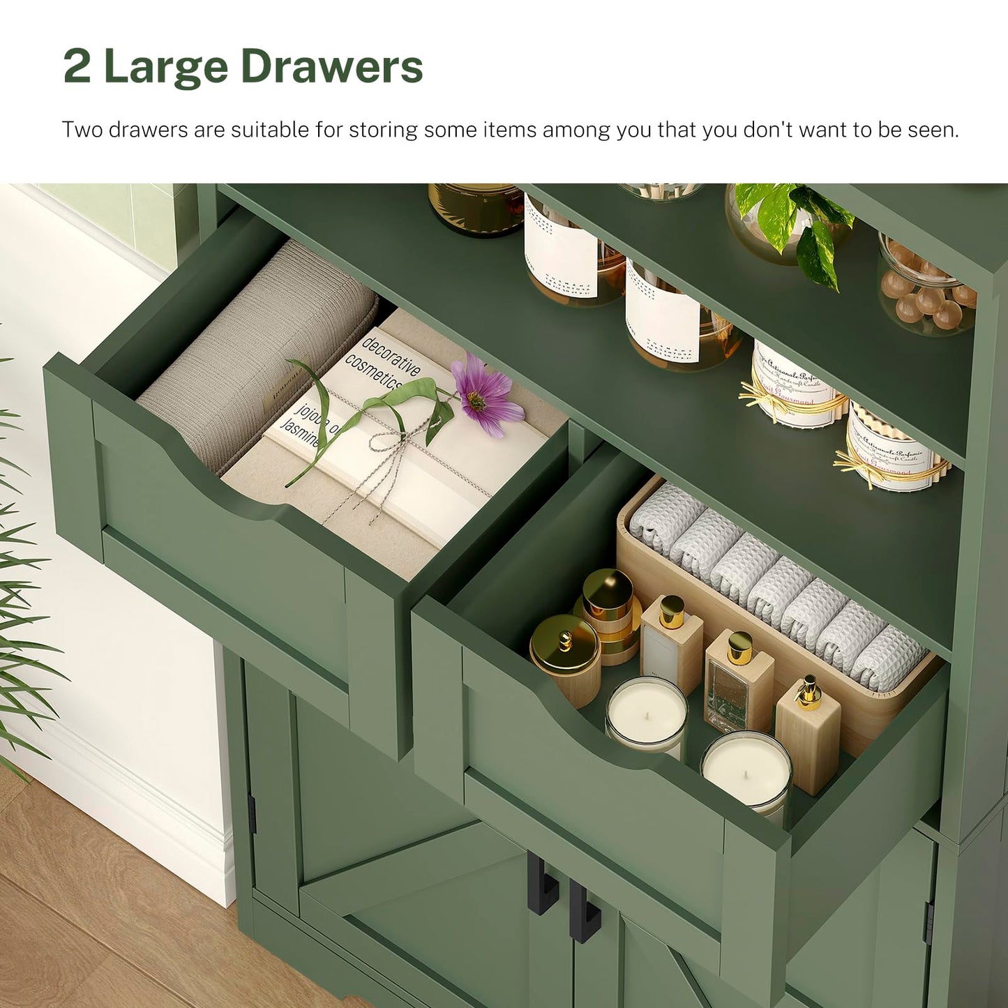 TEENFON Bathroom Cabinet with Adjustable Shelf & 2 Drawers, Farmhouse Storage Cabinet with 2 Doors, Kitchen Storage Cabinets for Living Room, Entryway, Home Office, Forest Green