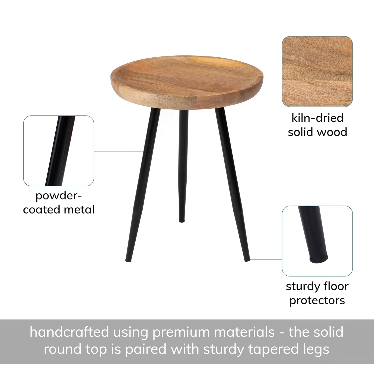 MH London Lydia Round Small End Table & Side Table Solid Wood, Natural top with Black Metal Legs, Nightstand, 15.75"x15.75"x18"