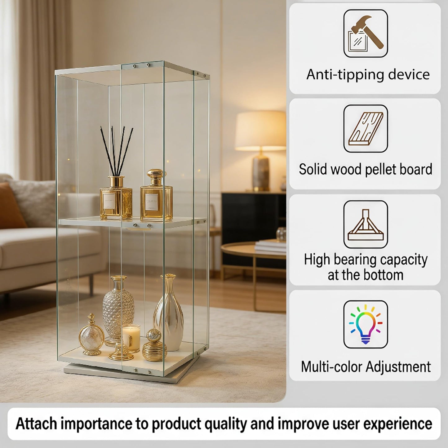 ZIHUASHENG Glass Display Cabinet with Rotating Base, Curio Cabinet with LED Light, 2-Shelf Tempered Glass Display Case for Collectibles, Curio Display Cabinet for Living Room, Home Decor, White