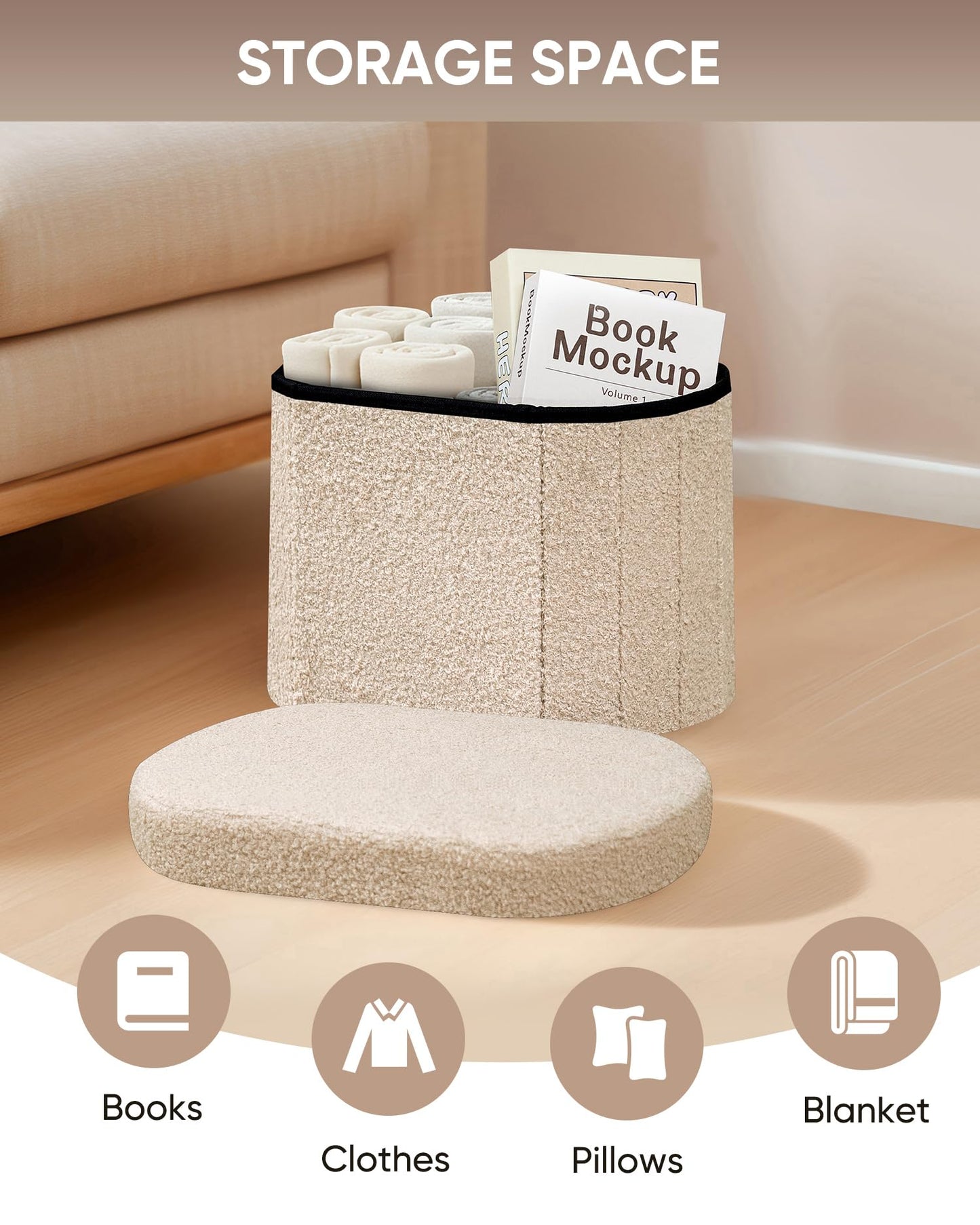 B FSOBEIIALEO Storage Ottoman for Dorm Room, Boucle Folding Storage Ottoman Foot Rest, 16.14 Inches Small Collapsible Ottoman Cube for Living Room Beige