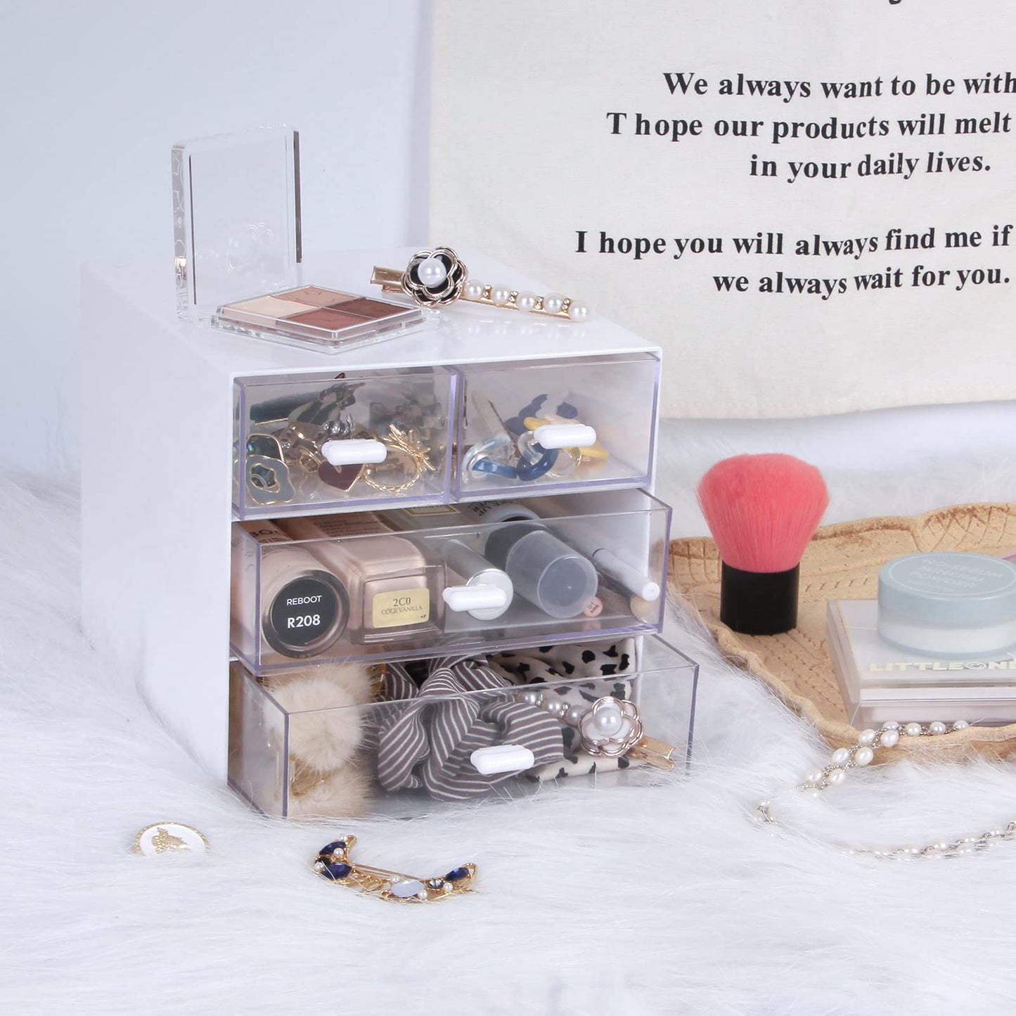 Zyners Desk Organizer with Drawer, Office Organizer with 4 Drawers, Desk Storage Box for, Desktop, Dressing table, Office, School, Home, Plastic Box and 4 Acrylic Drawers(White)