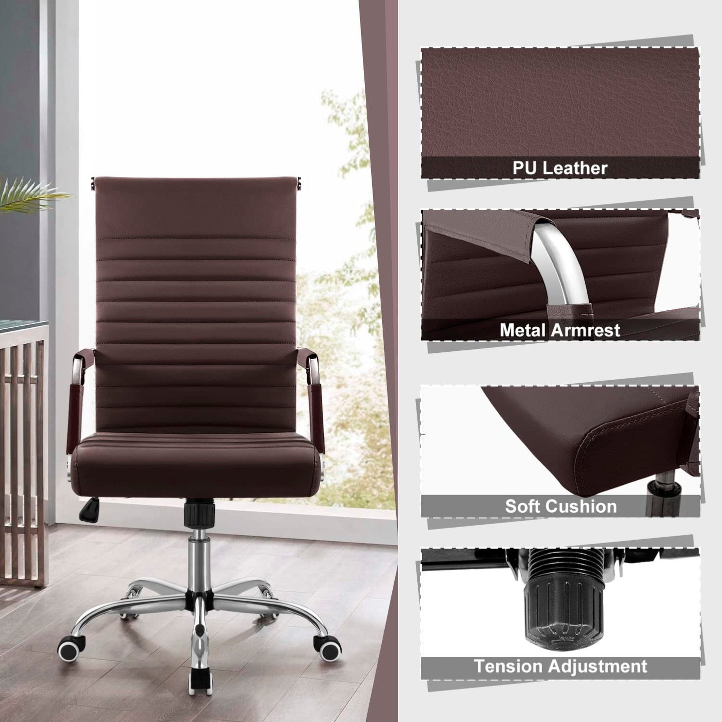 Shahoo Ribbed Office Chair, Mid-Back PU Leather Office Chair Executive Task Chair with 360° Swivel Wheels for Conference Room, Home Offices (Brown)