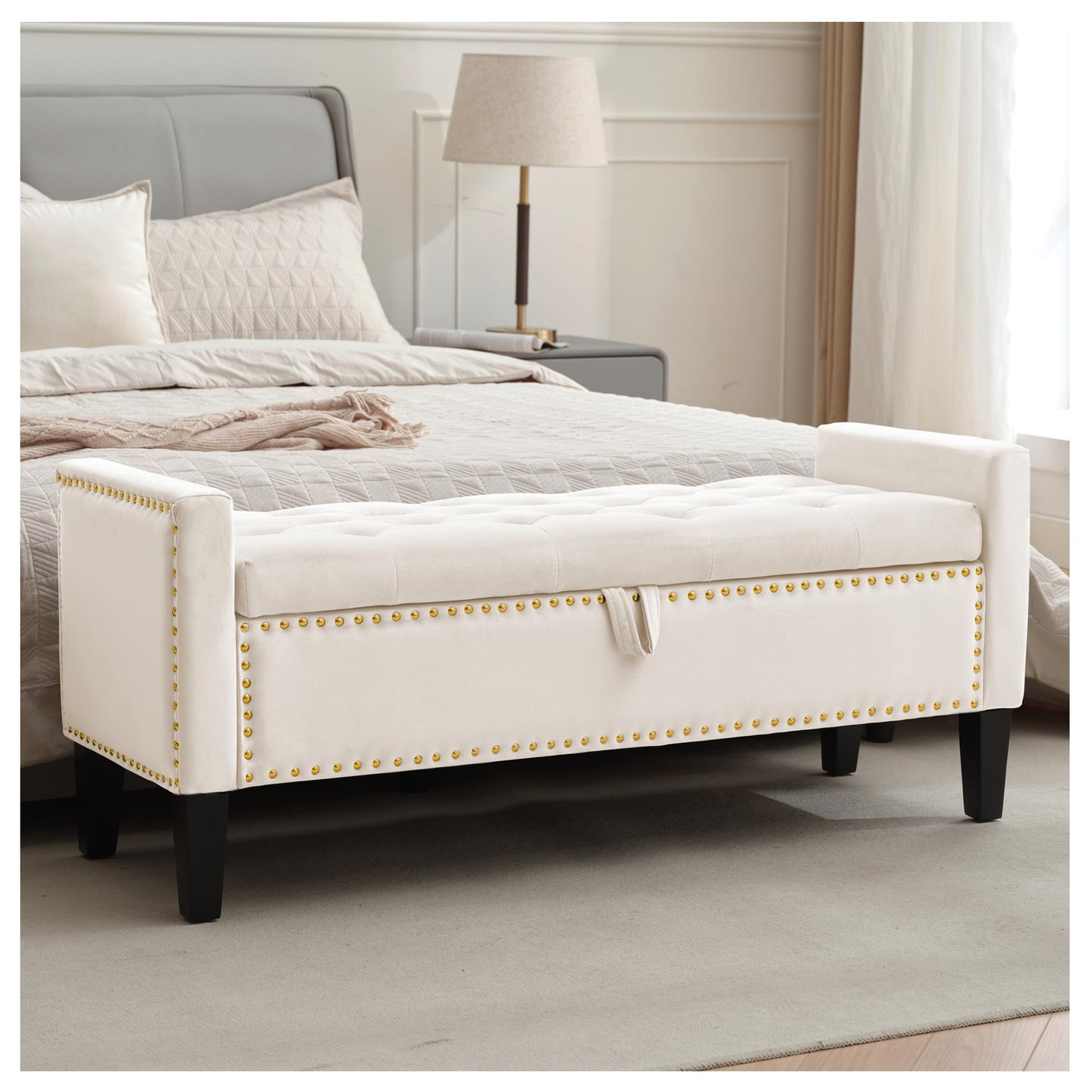UDAX Storage Ottoman Bench, Velvet Upholstered Footstool for Bedroom and Living Room, Tufted Seat with Storage, Wooden Legs & Metal Rivets, Beige