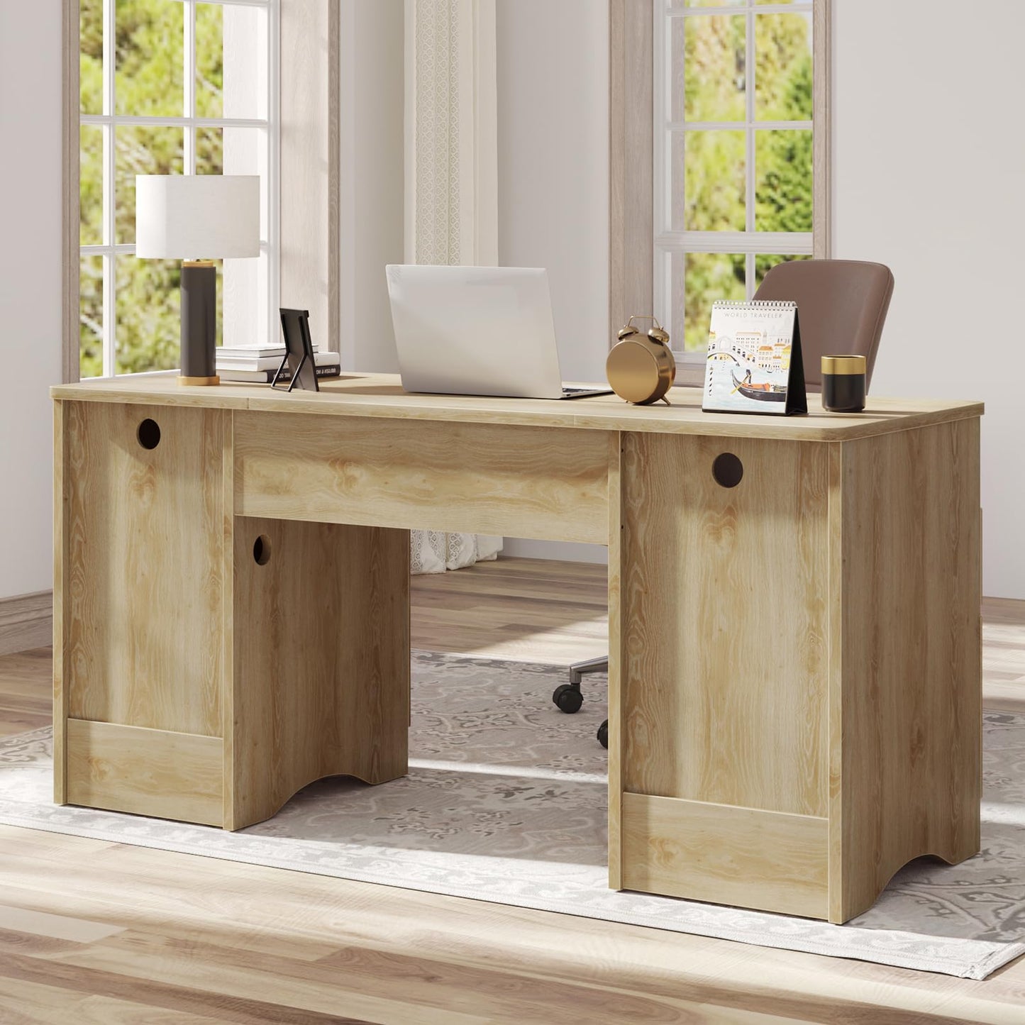 Bestier Computer Desk with 2 Drawer, 59 inch Office Desk with Storage Cabinet & 2 Open Storage, Fluted Executive Desk for Home Office & Studio, Brown Oak
