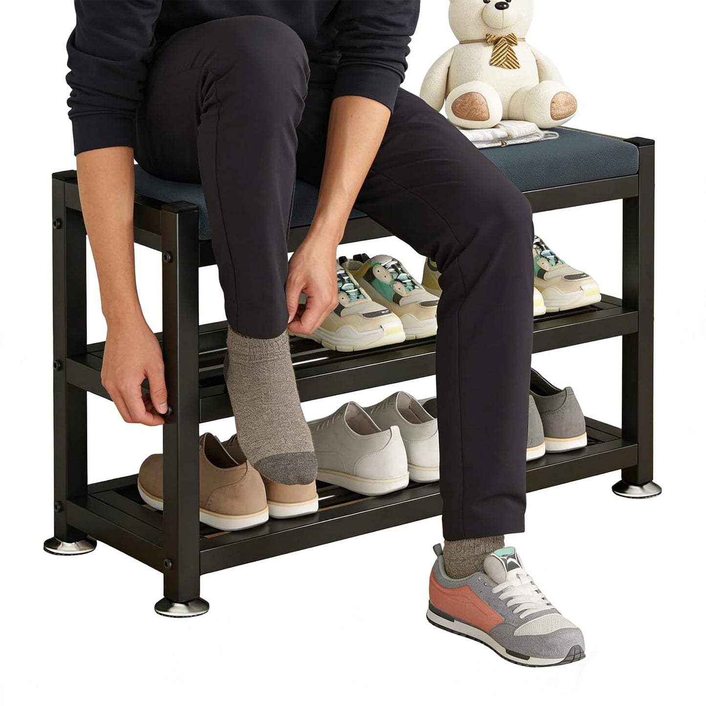 PQSQRJU 2-Tier Shoe Bench with Padded Cushion, 12-Pair Entryway Storage with Sturdy Metal Frame, Space-Saving Shoe Rack with Seat, Gray, 31.9x12x19.3 Inches
