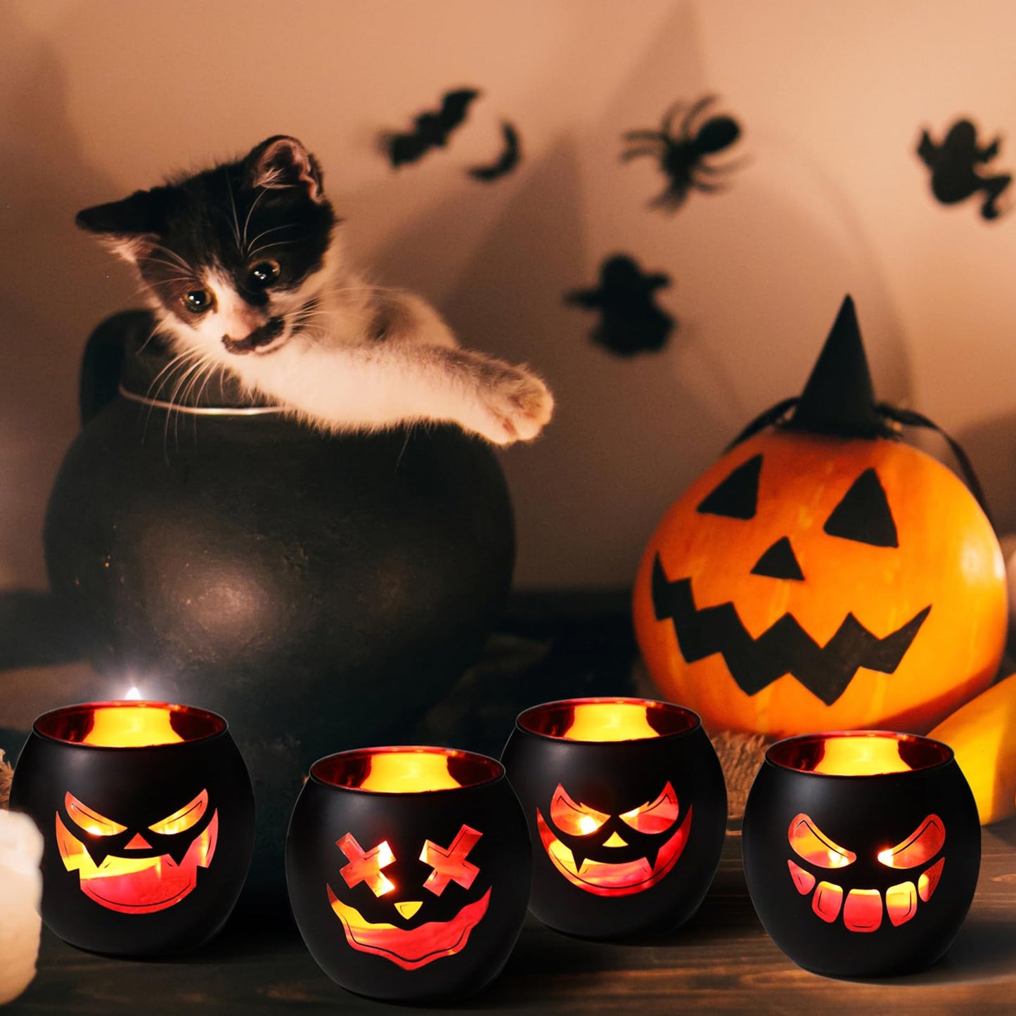Black Halloween Table Centerpieces Candle Holders 12 PCS, Jack O Lantern Tealight Votive Candle Holders, Indoor Halloween Decorations for Mantel Coffe Table Decor