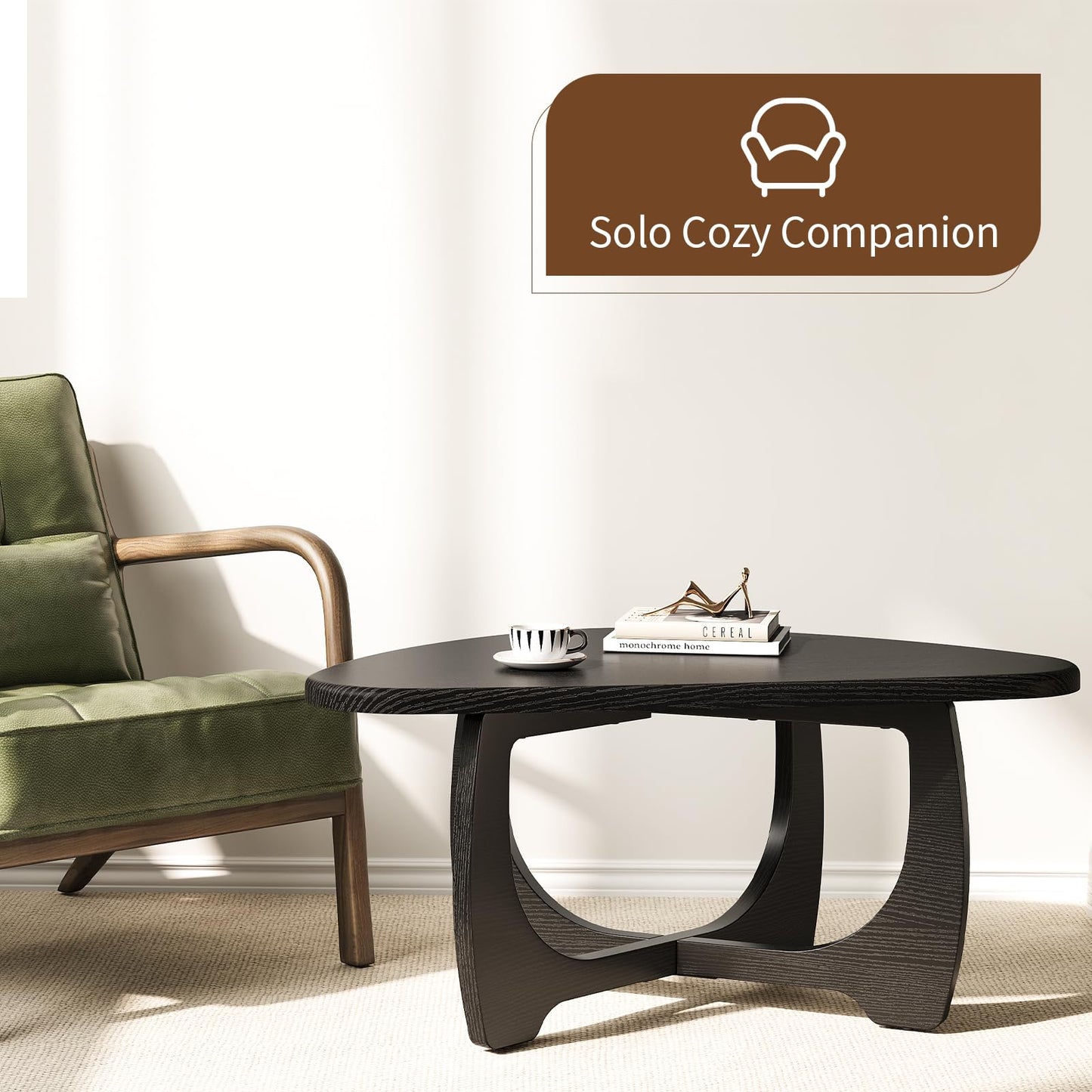 Curlaky Coffee Table for Living Room - Mid Century Modern Coffee Tables with Triangle Top, Unique Small Round Coffee Table, Wood Oval Tea Table with Solid Legs for Bedroom, 35.8"x 22.5" x 16.2" Black