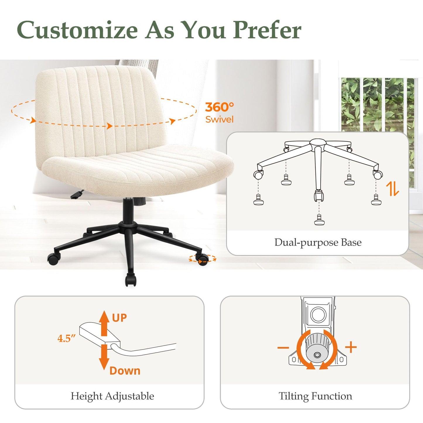 Orange Factory Criss Cross Chair Wheels Wide Cross Legged Office Desk Vanity Dual Base Comfy Fabric Armless Adjustable Swivel for Home Computer Task (Beige Dual Base, Fabric)