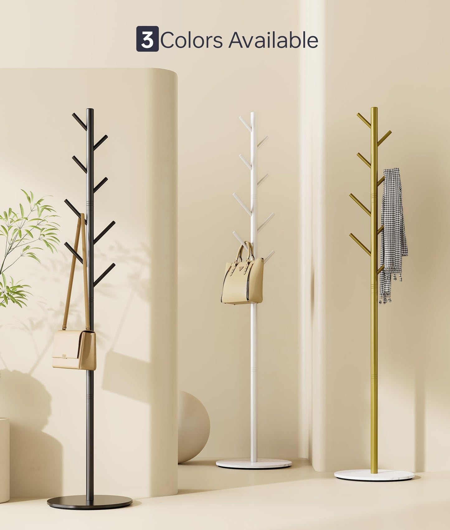 Tujurich Coat Rack with 8 Hooks, 3 Adjustable Heights, Modern Hall Tree, Sturdy Metal Clothes Stand with Sintered Stone Base for Entryway, Office, Bedroom, for Coats, Hats, Handbags and Scarves, Gold
