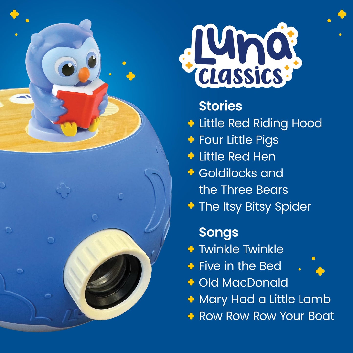 LUNA STORYTIME Kids Book Projector – 5 Daniel Tiger & 5 Classic Read-Aloud Stories, 10 Songs & Night Light & Soothing Dream Music | Children Ages 3+ Storytime Projector | Toys, Owl & Daniel Tiger