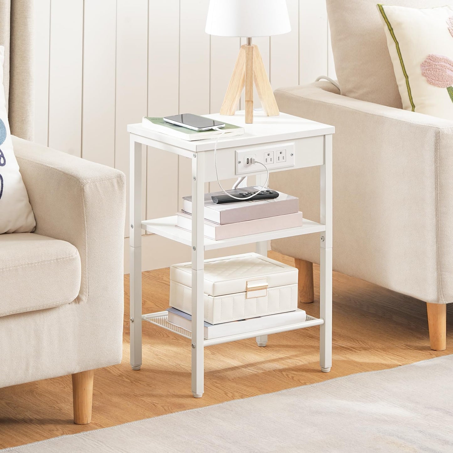 HOOBRO Side Table with Charging Station and USB Port, Small End Table for Small Space, 3-Tier Nightstand with Adjustable Shelf, for Living Room, Bedroom, White WW112BZ01