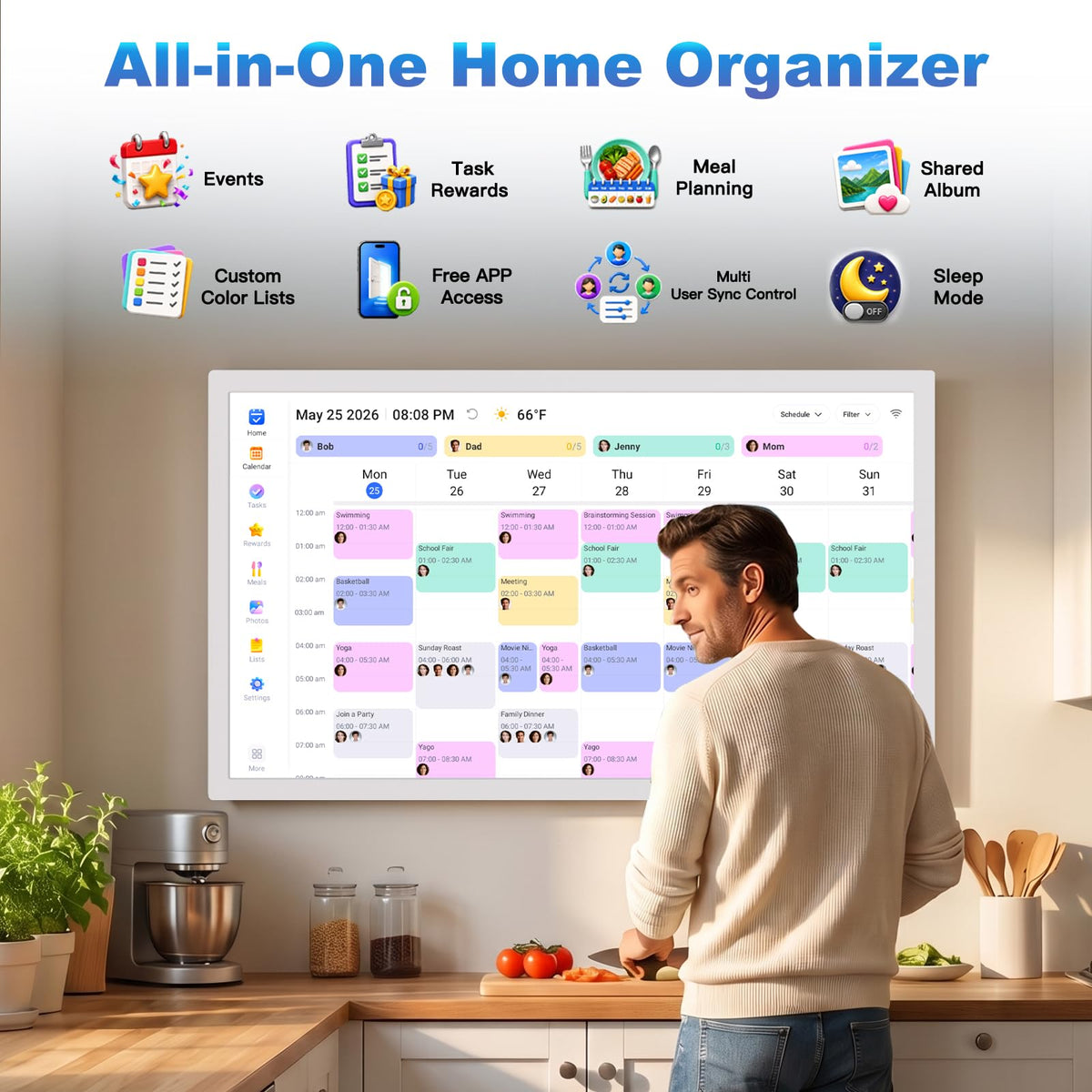 32" Digital Calendar Chore-Chart for-Wall-Planner - Interactive Touchscreen Display Electronic Calendar Picture Frame, Star Reward, Sync Google iCloud Outlook Calendar, Gifts for Mom, Wall Mount White