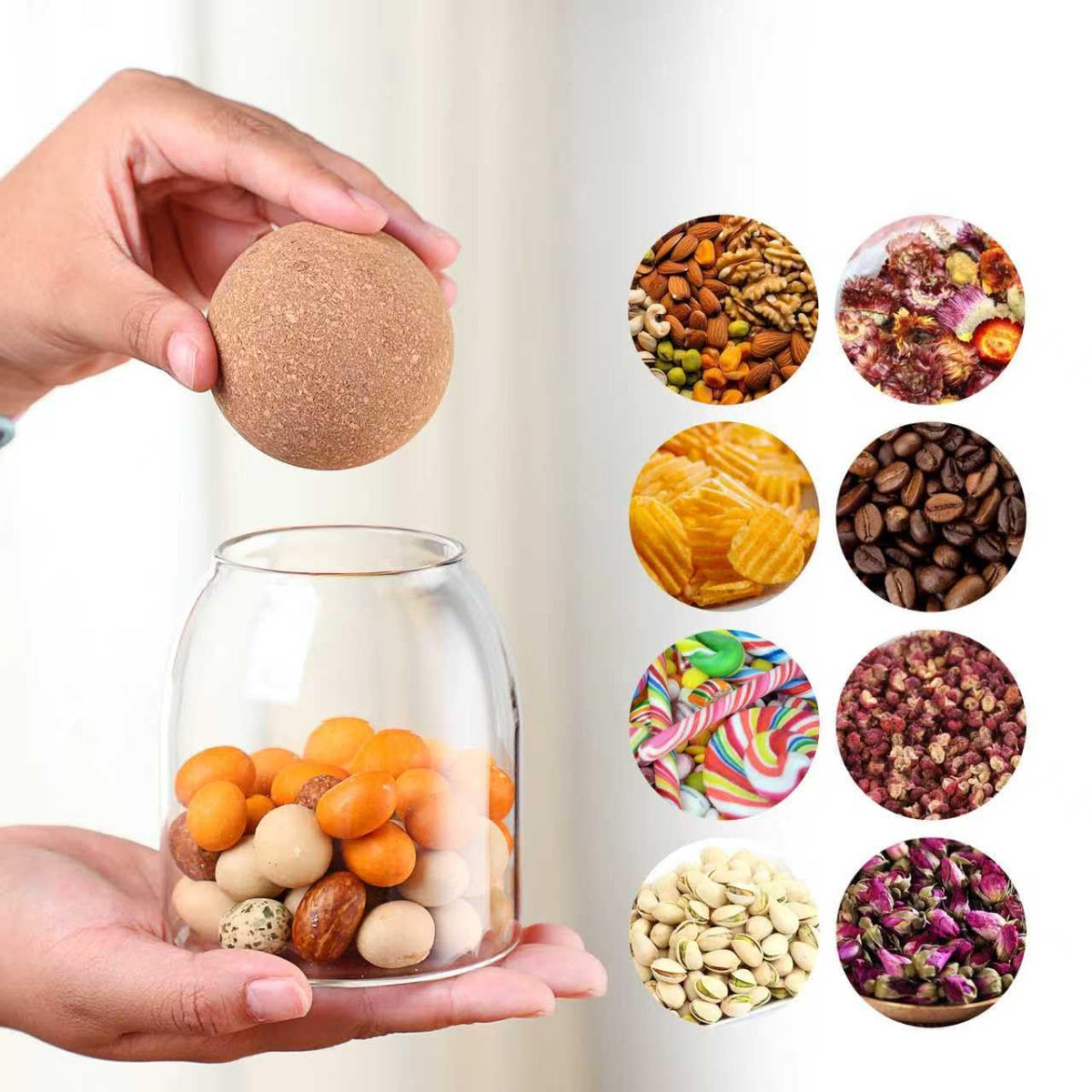 Glass Storage Jar with Ball Cork Lid, Clear Glass Canisters with Cork Ball,4Pcs High Borosilicate Glass Sealed Jar 16oz 26oz 36oz 46oz, Used for Storing Candies, Salt, Tea, Seasonings, Cookies, etc