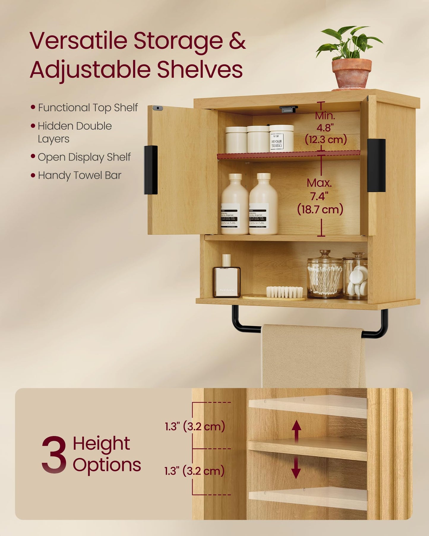 VASAGLE MAXE Collection - Bathroom Cabinet Wall Mounted, Over Toilet Hanging Cabinet with Adjustable Shelf, Towel Bar, Fluted Doors, 7.9 x 17.7 x 24 Inches, Transitional, Oak Beige UBBK137Y01S